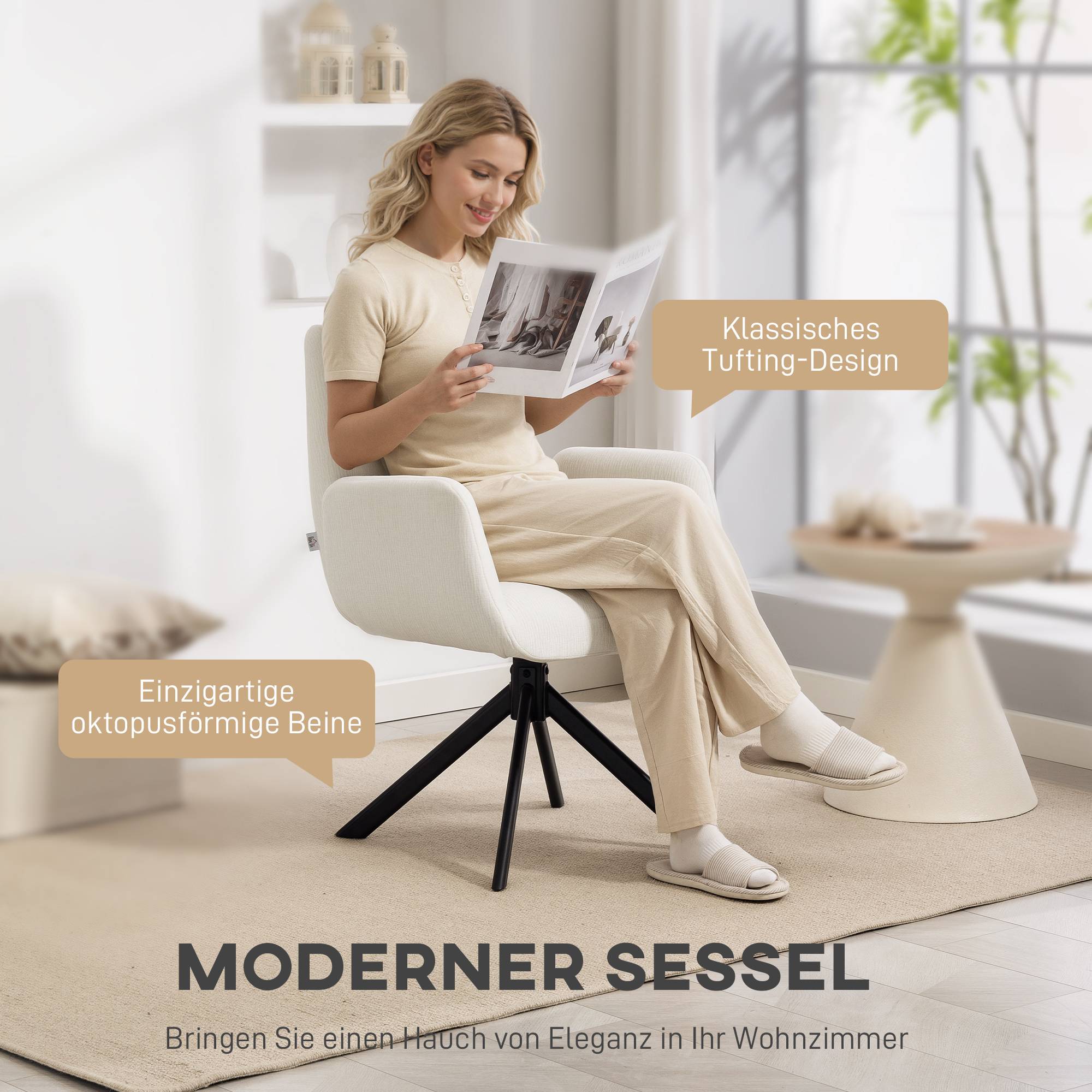 Fauteuil rembourré, fauteuil d'appoint, design moderne, pivotant, jusqu'à 120 kg, blanc crème - Image 6