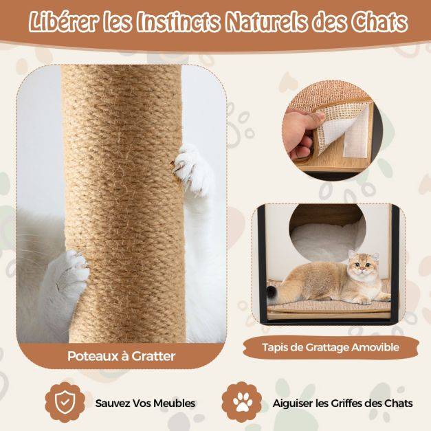 Helloshop26 - Arbre à chat 66 cm griffoir pompon suspendu coussin amovible niche repose-pieds réglables 60 x 36 x 66 cm cadre en métal naturel - Imagen 2