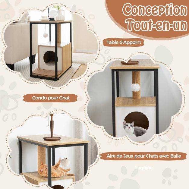 Helloshop26 - Arbre à chat 66 cm griffoir pompon suspendu coussin amovible niche repose-pieds réglables 60 x 36 x 66 cm cadre en métal naturel - Imagen 4