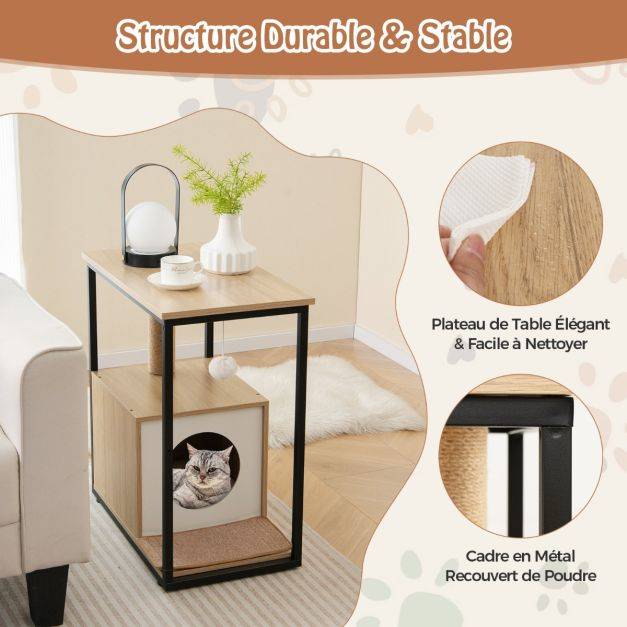 Helloshop26 - Arbre à chat 66 cm griffoir pompon suspendu coussin amovible niche repose-pieds réglables 60 x 36 x 66 cm cadre en métal naturel - Imagen 5