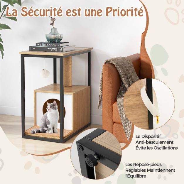 Helloshop26 - Arbre à chat 66 cm griffoir pompon suspendu coussin amovible niche repose-pieds réglables 60 x 36 x 66 cm cadre en métal naturel - Imagen 3
