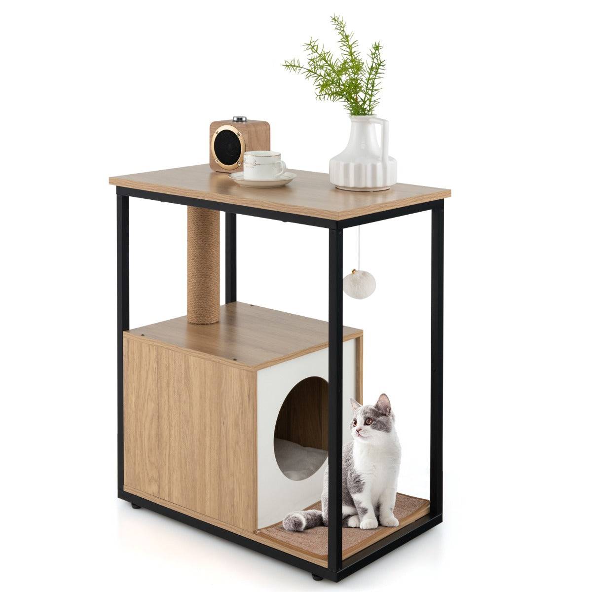 Helloshop26 - Arbre à chat 66 cm griffoir pompon suspendu coussin amovible niche repose-pieds réglables 60 x 36 x 66 cm cadre en métal naturel - Imagen 1