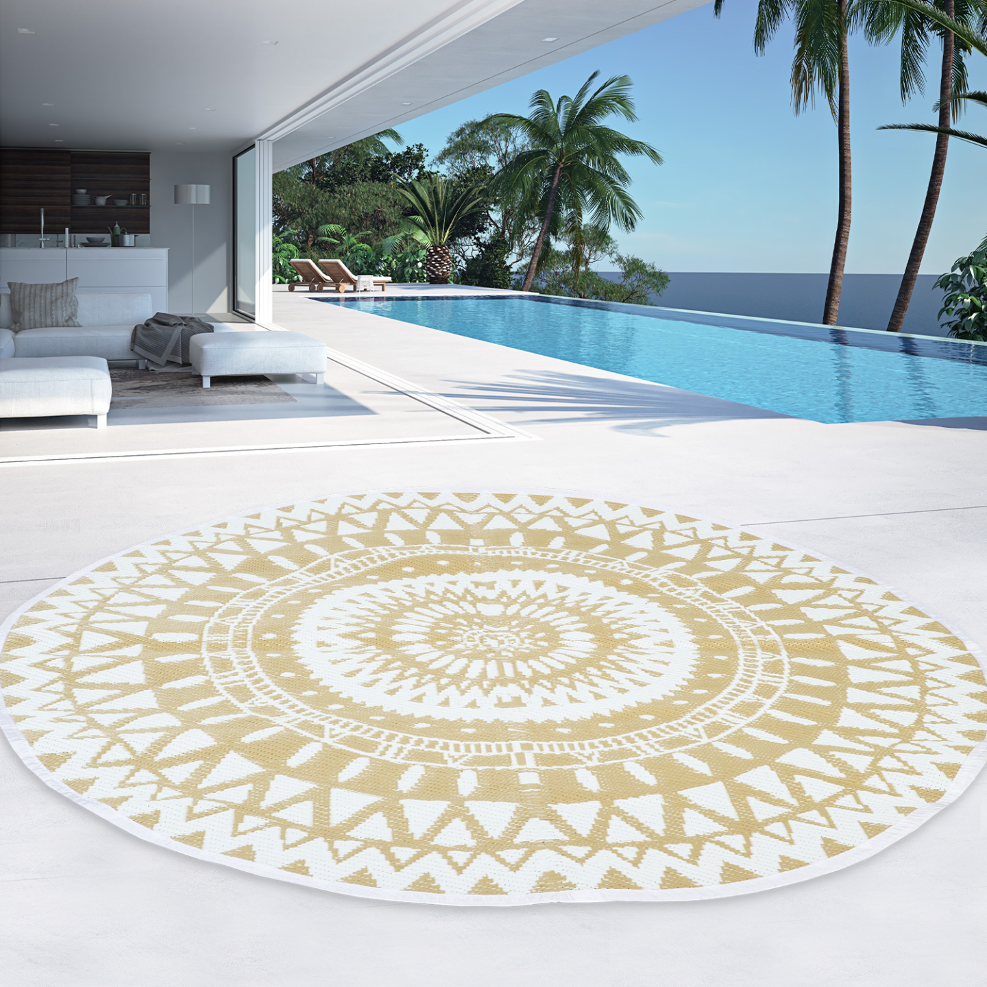 Tapis extérieur ROND naturel et blanc D.150 CM - Image 1