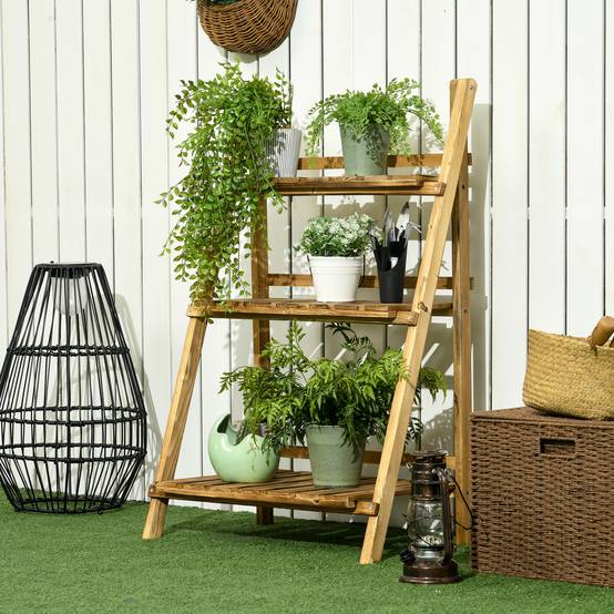 Sans Marque - Étagère à plantes en bois forme pyramidale échelle pliante avec 3 étagères 60 x 37 x 93 cm marron - Image 3