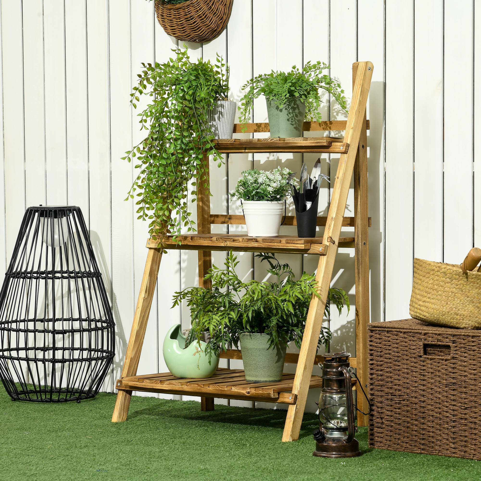 Sans Marque - Étagère à plantes en bois forme pyramidale échelle pliante avec 3 étagères 60 x 37 x 93 cm marron - Image 3