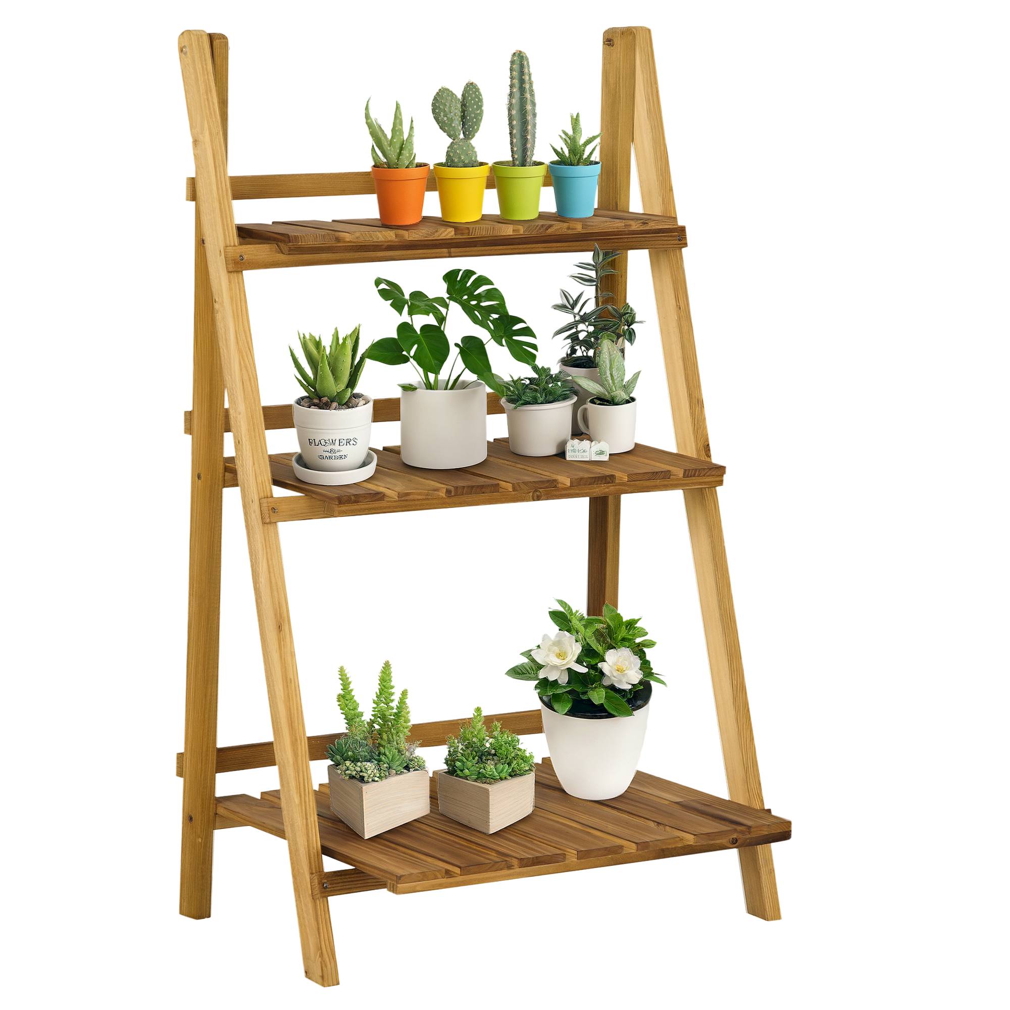 Sans Marque - Étagère à plantes en bois forme pyramidale échelle pliante avec 3 étagères 60 x 37 x 93 cm marron - Image 1