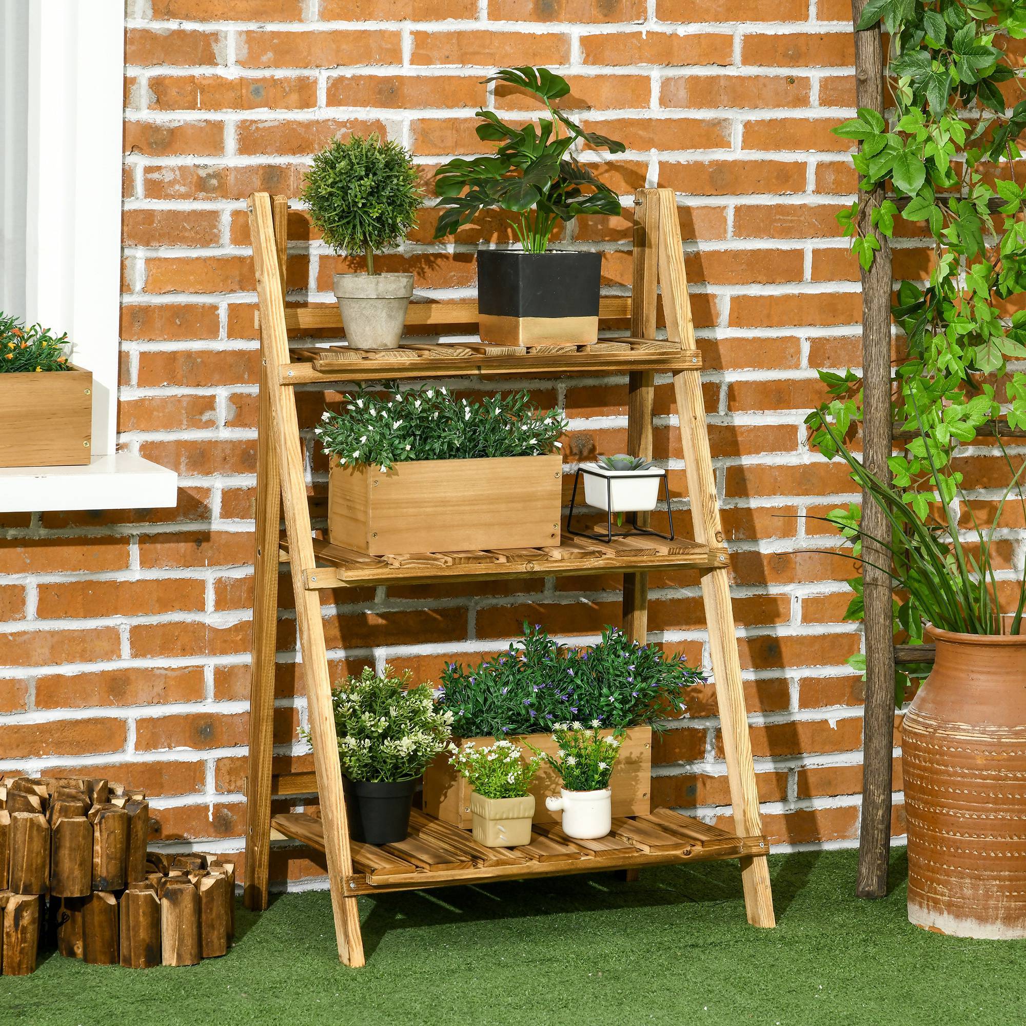 Sans Marque - Étagère à plantes en bois forme pyramidale échelle pliante avec 3 étagères 60 x 37 x 93 cm marron - Image 4