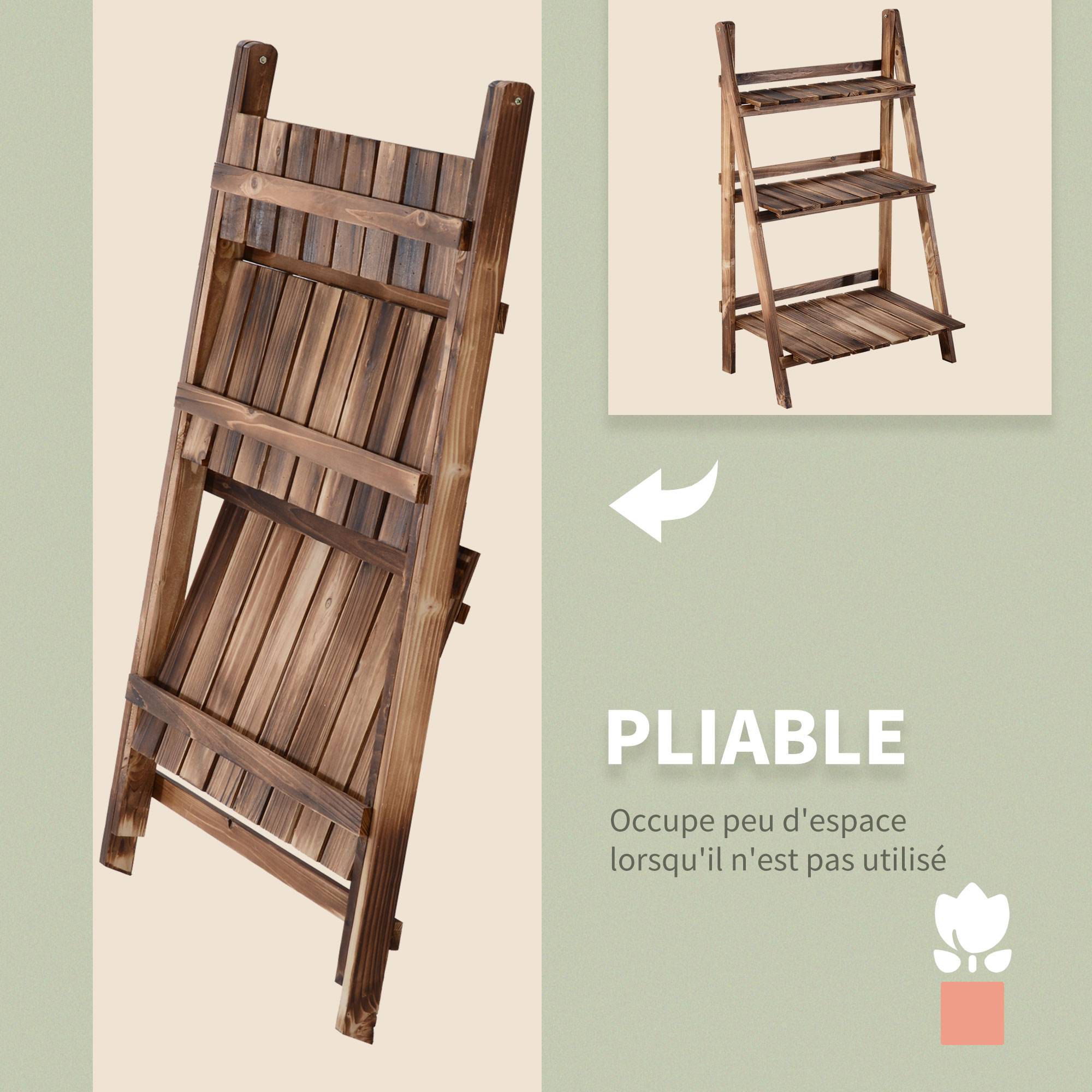 Sans Marque - Étagère à plantes en bois forme pyramidale échelle pliante avec 3 étagères 60 x 37 x 93 cm marron - Image 8