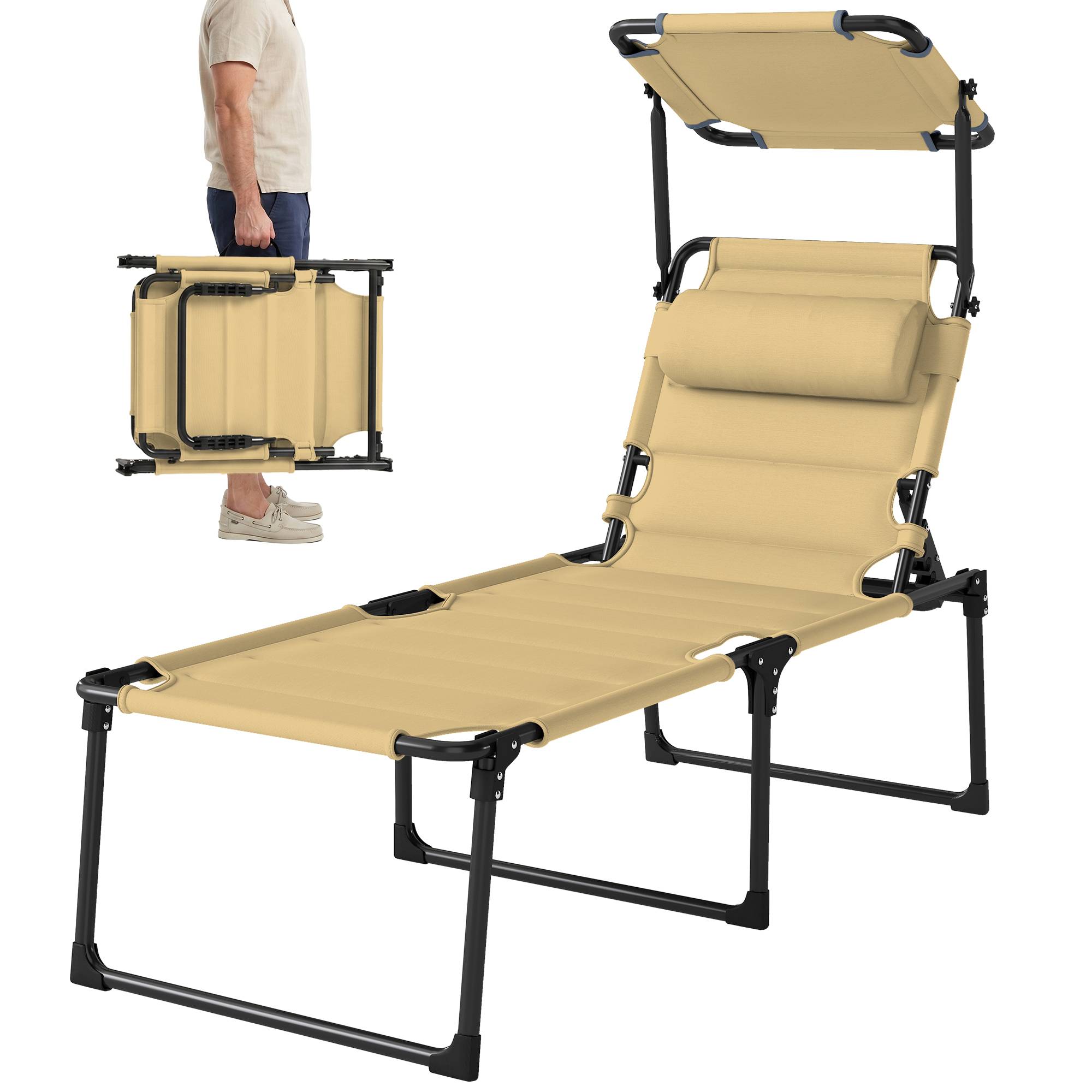 Bain de soleil chaise longue pliante avec pare-soleil appuie-tête, 200x70x45cm Tissu Oxford Crème fr19 - Image 2
