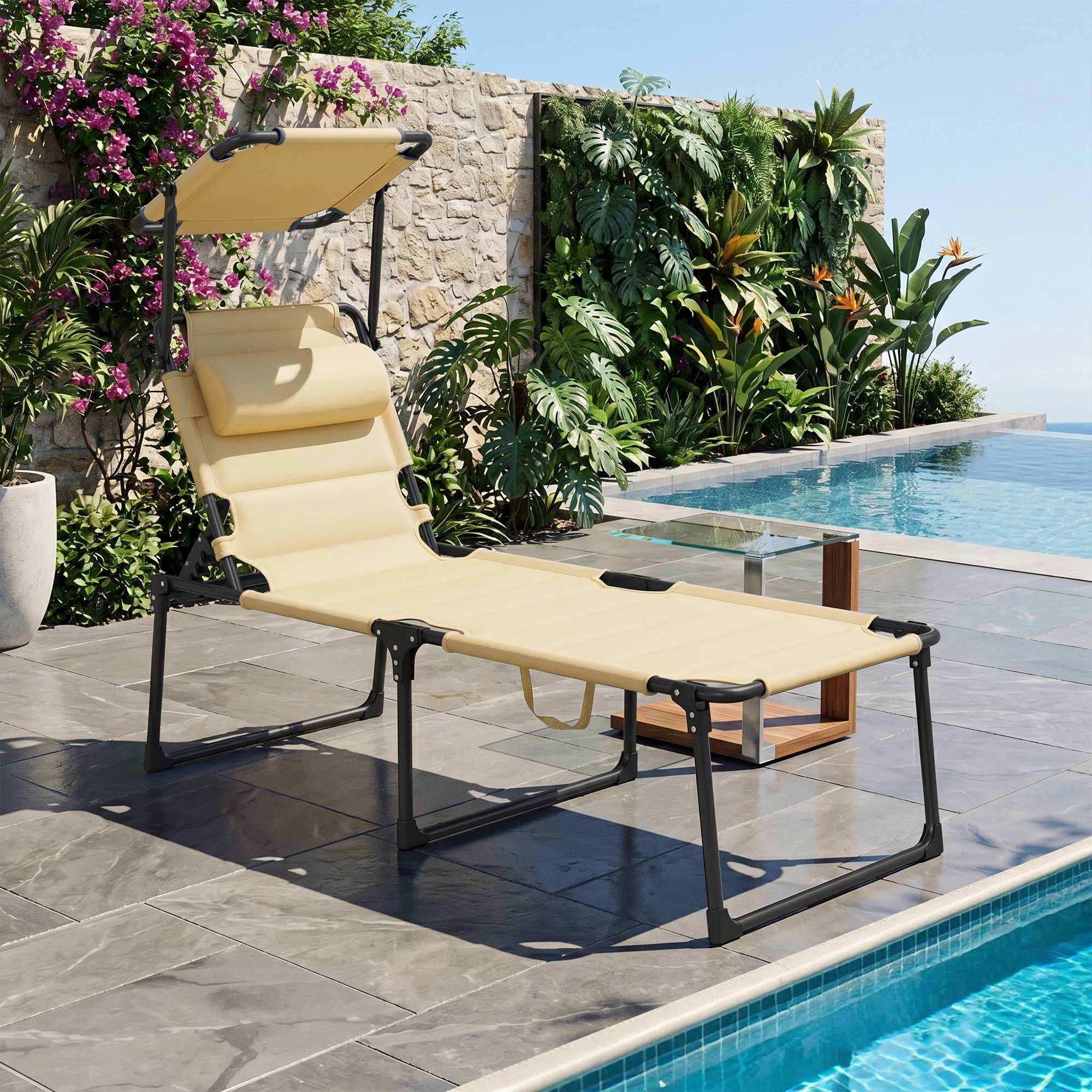 Bain de soleil chaise longue pliante avec pare-soleil appuie-tête, 200x70x45cm Tissu Oxford Crème fr19 - Image 3