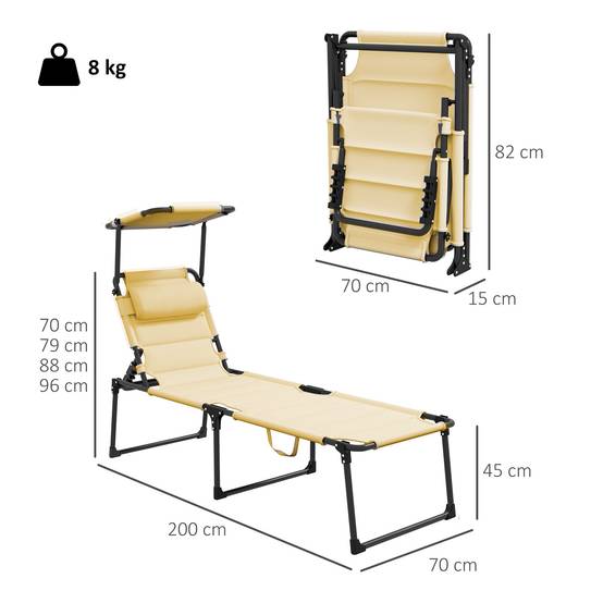 Bain de soleil chaise longue pliante avec pare-soleil appuie-tête, 200x70x45cm Tissu Oxford Crème fr19 - Image 5