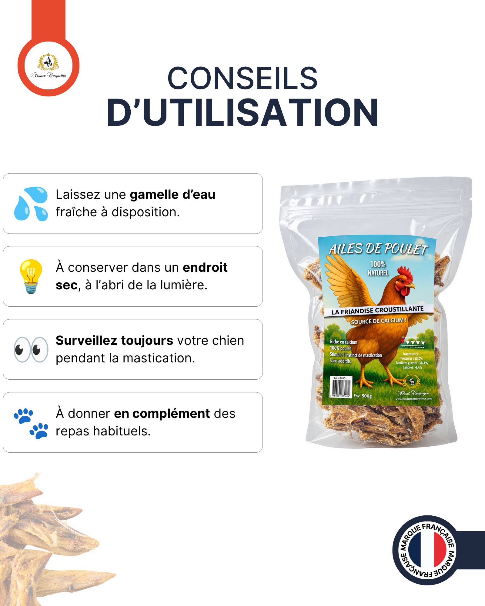 France Croquettes - France Croquettes Friandise pour chien Ailes de poulet séchées - 500 g - Image 5