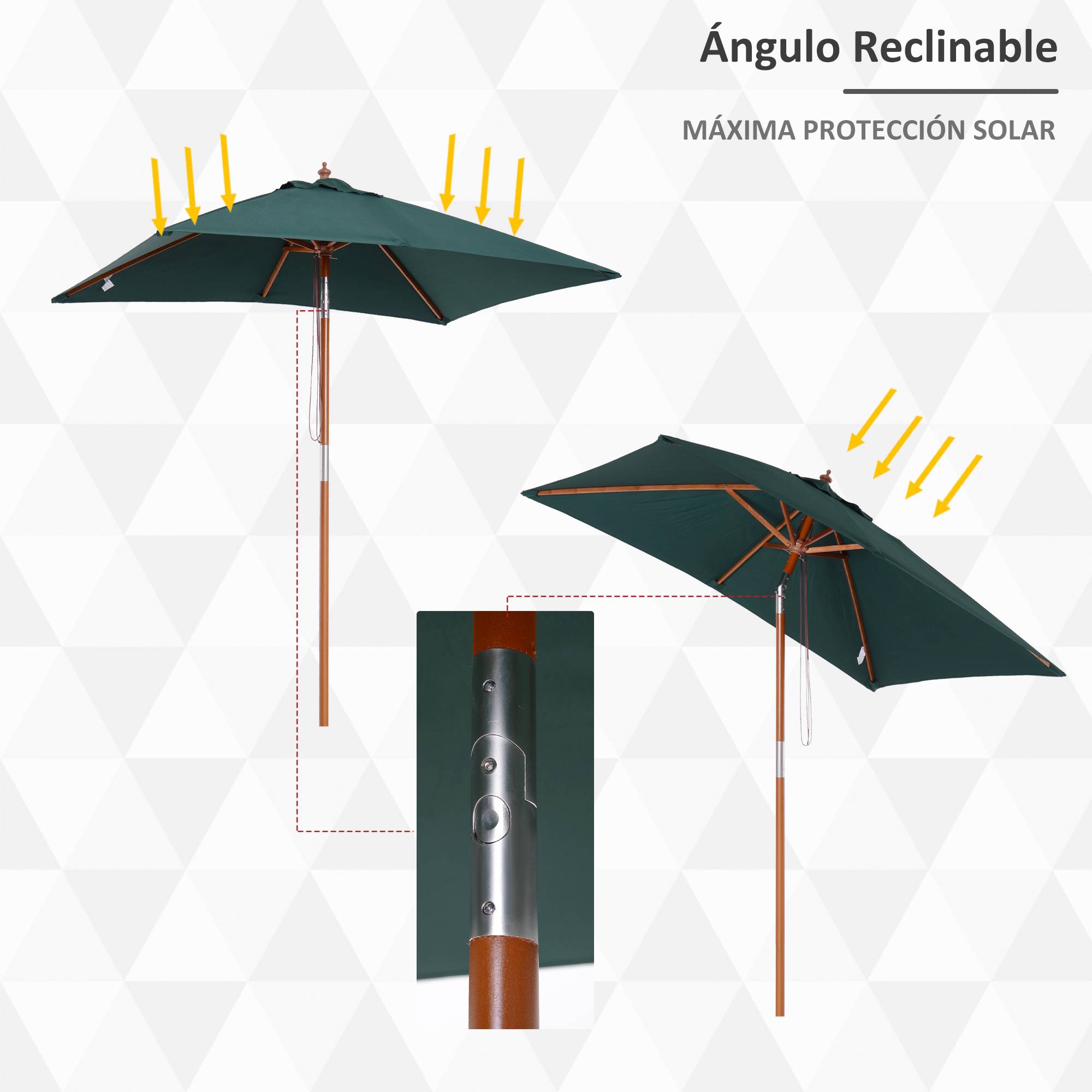 Parasol terrasse exterieur 200x150 cm, rectangulaire, angle ajustable, mat bois, manivelle, patio terrasse vert - Image 6