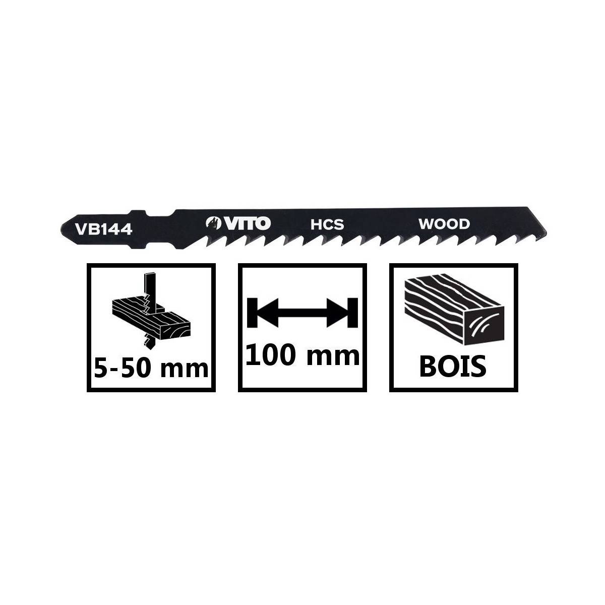 Lot de 5 Lames pour scie sauteuse Special BOIS 100mm Coupe 5 à 50mm Emboîtement Bosch VB144.VITO - Imagen 3