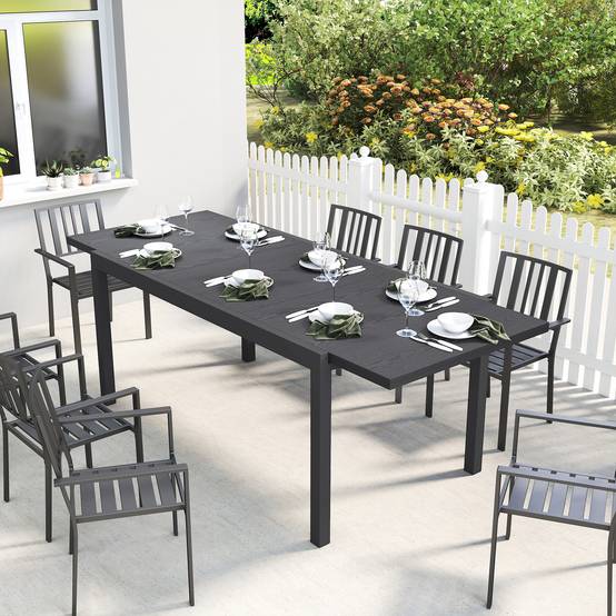 Table jardin extensible aluminium acier pour 8-10 personnes effet bois 214x85x75cm gris - ComfortXL Outdoor Living - Image 3
