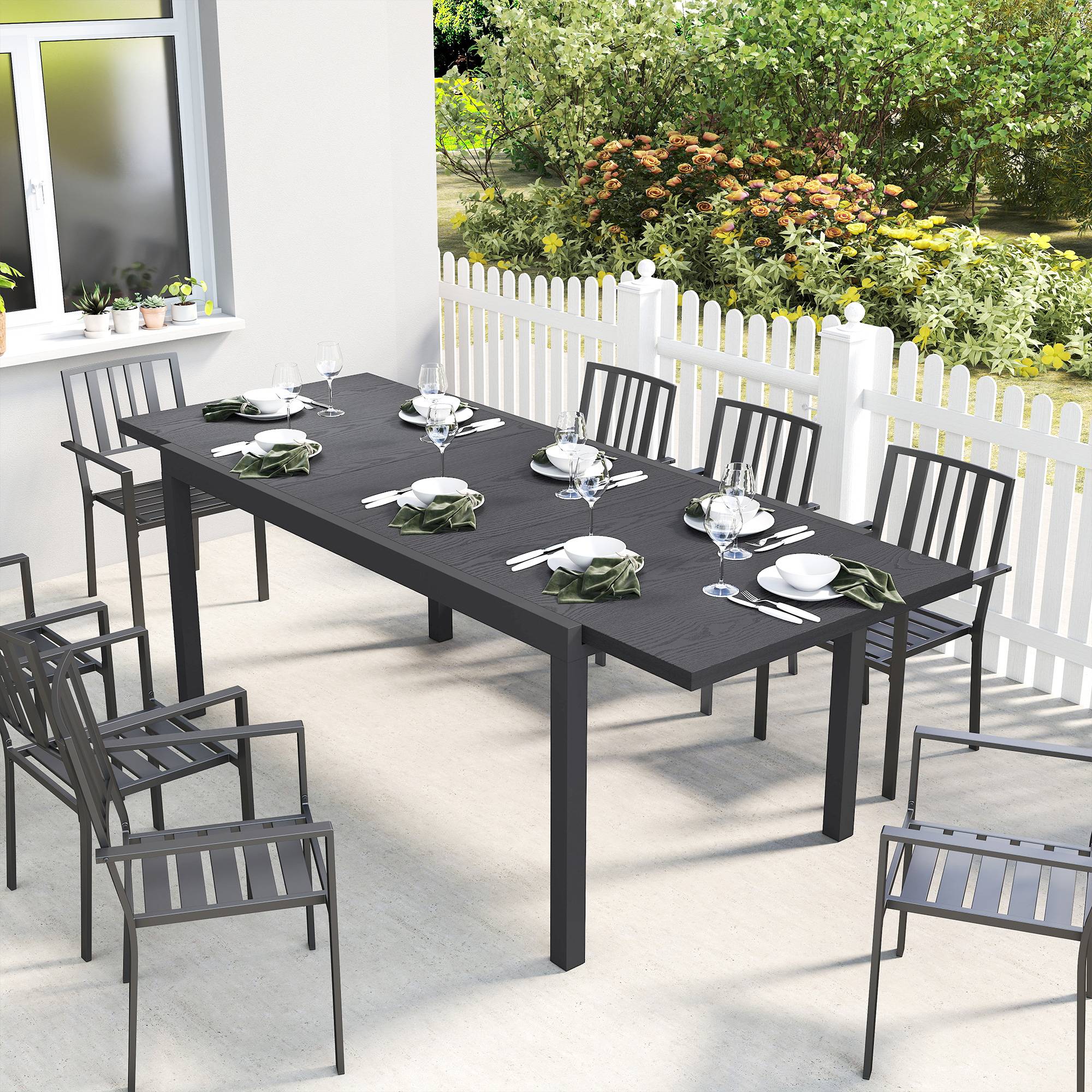 Table jardin extensible aluminium acier pour 8-10 personnes effet bois 214x85x75cm gris - ComfortXL Outdoor Living - Image 3