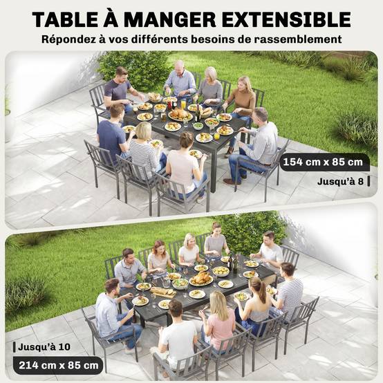 Table jardin extensible aluminium acier pour 8-10 personnes effet bois 214x85x75cm gris - ComfortXL Outdoor Living - Image 6