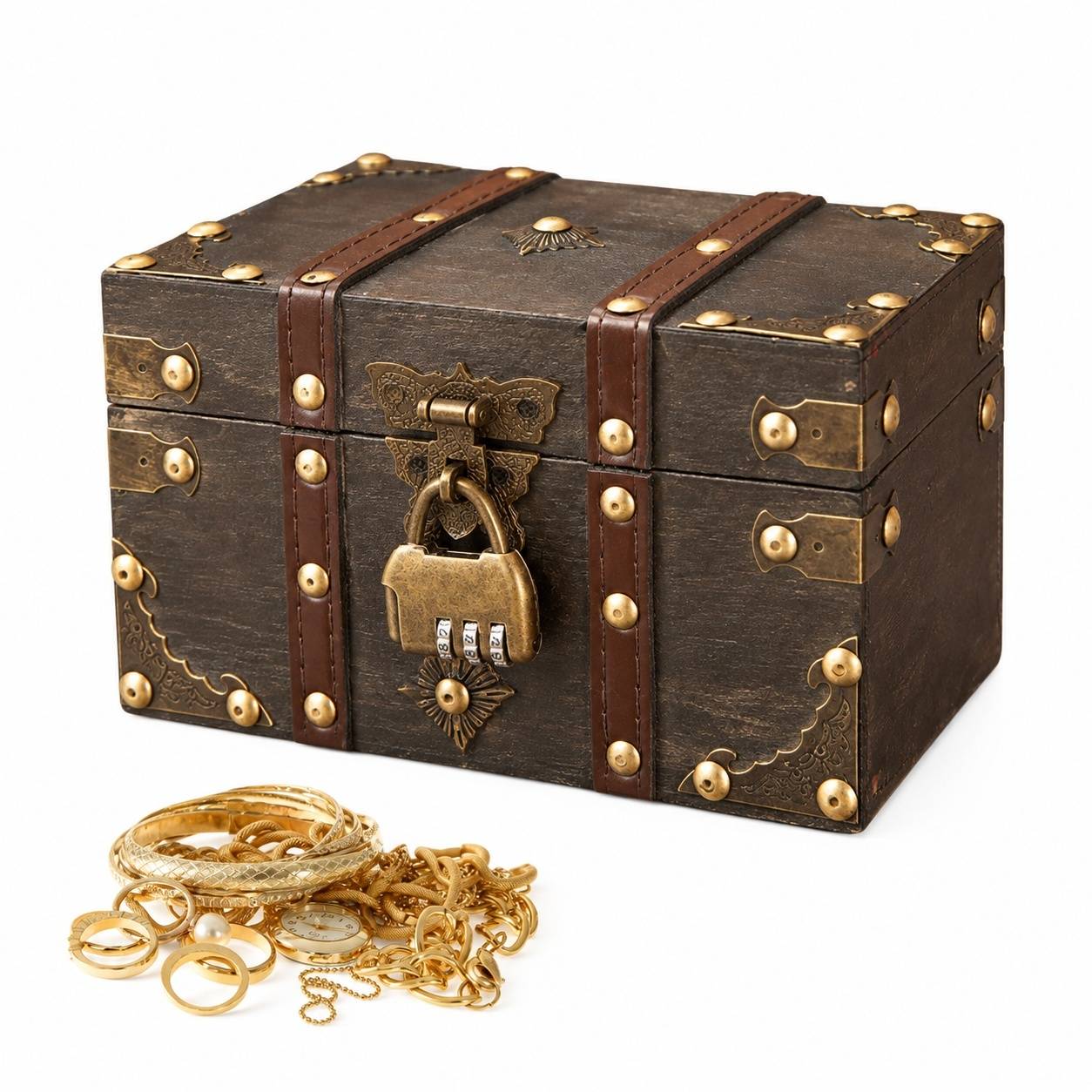 Coffre au Trésor en Bois Vintage avec Cadenas à Combinaison Pirate - Image 1