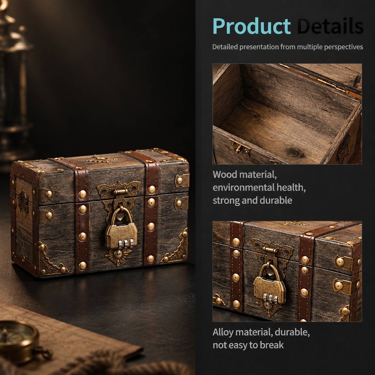 Coffre au Trésor en Bois Vintage avec Cadenas à Combinaison Pirate - Image 3