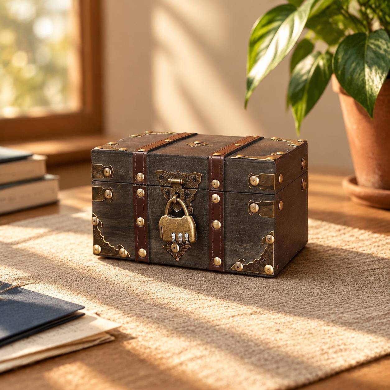 Coffre au Trésor en Bois Vintage avec Cadenas à Combinaison Pirate - Image 6