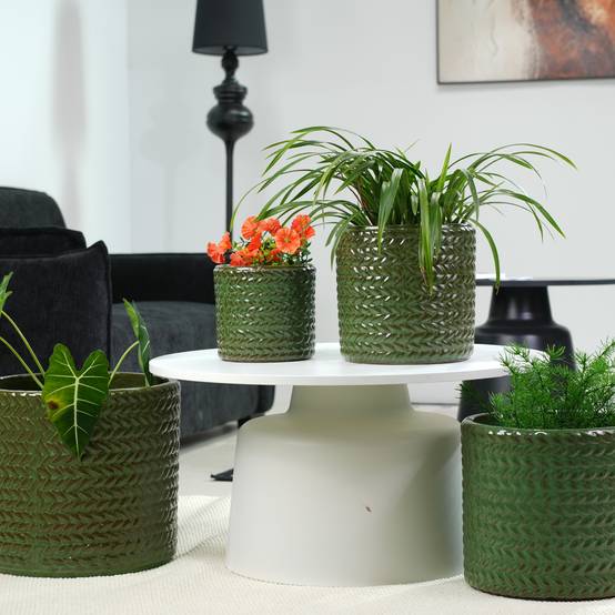 ComfortXL - Pot de fleurs en grès Ø31 cm vert olive relief chevrons balcon terrasse drainant - ComfortXL Outdoor Living - Image 5