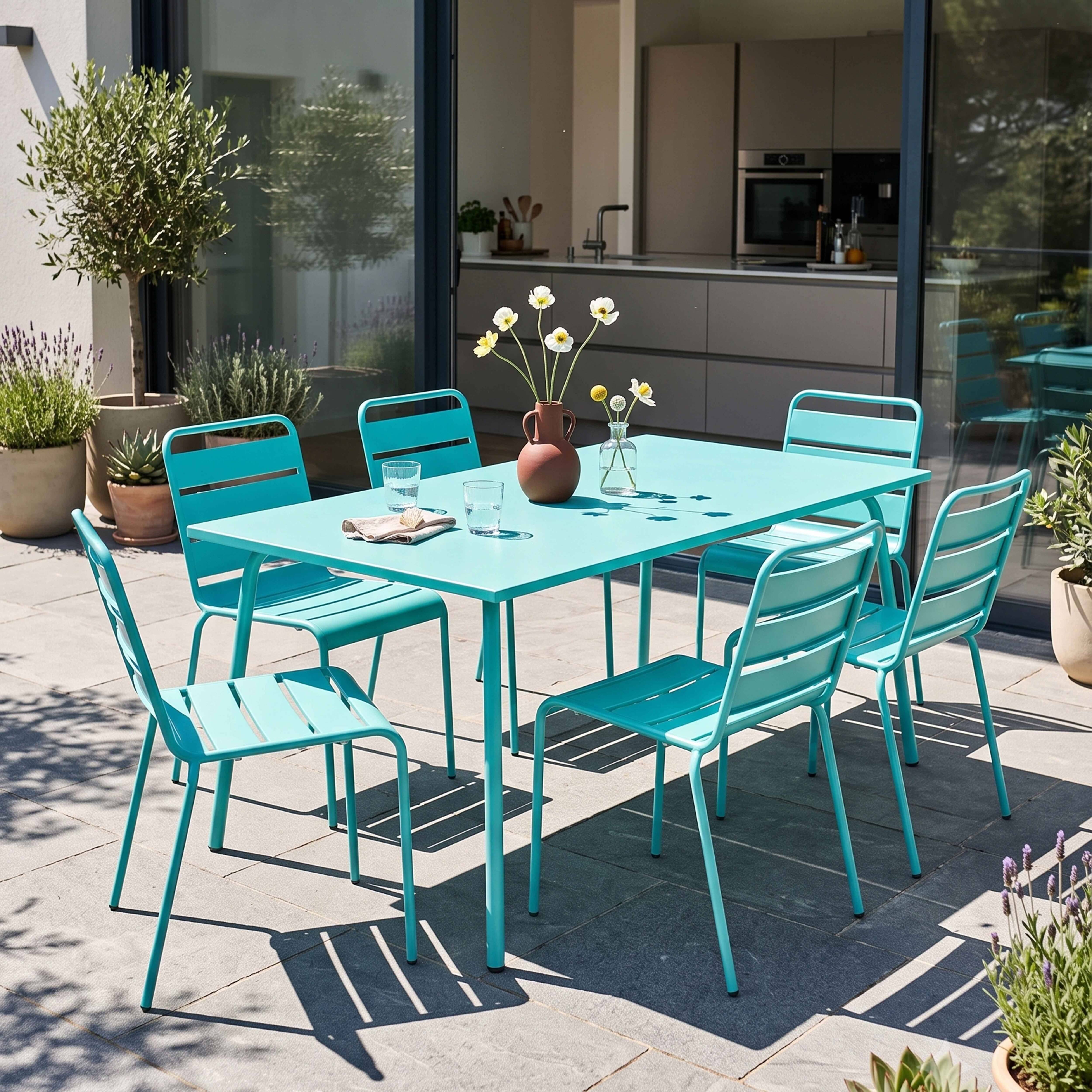 Oviala - Ensemble table de jardin et 6 chaises en métal turquoise Palavas - Oviala - Imagen 2