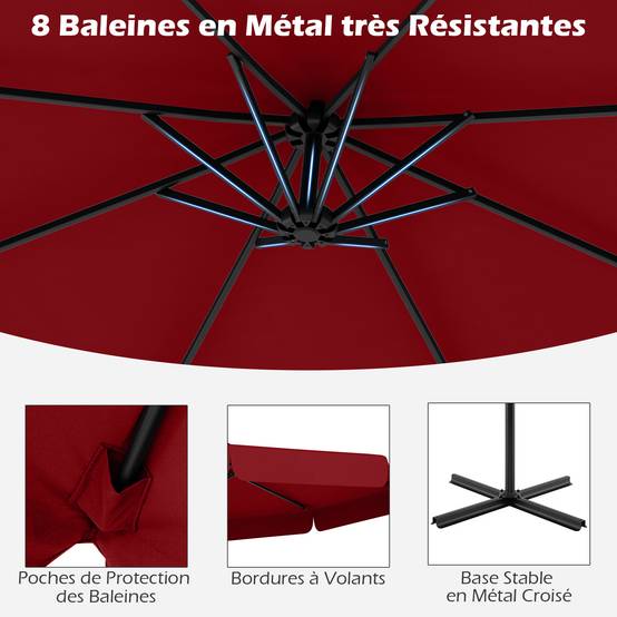 Costway - Parasol Déporté de 305 cm avec Housse, avec Réglage de l'Inclinaison, Manivelle, Bord Froncé, 8 Baleines, pour Jardin, Terrasse Rouge - Image 8
