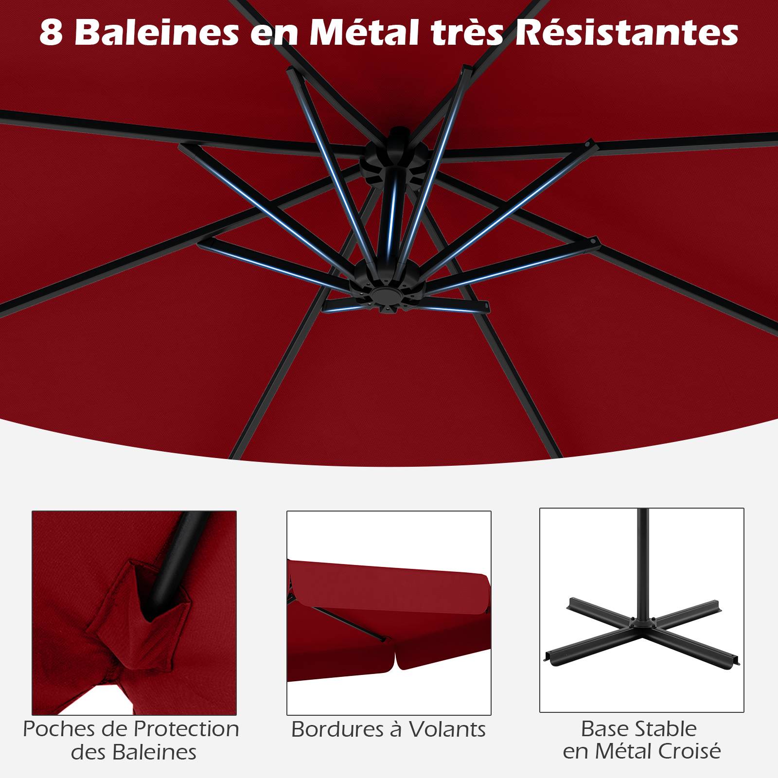 Costway - Parasol Déporté de 305 cm avec Housse, avec Réglage de l'Inclinaison, Manivelle, Bord Froncé, 8 Baleines, pour Jardin, Terrasse Rouge - Image 8