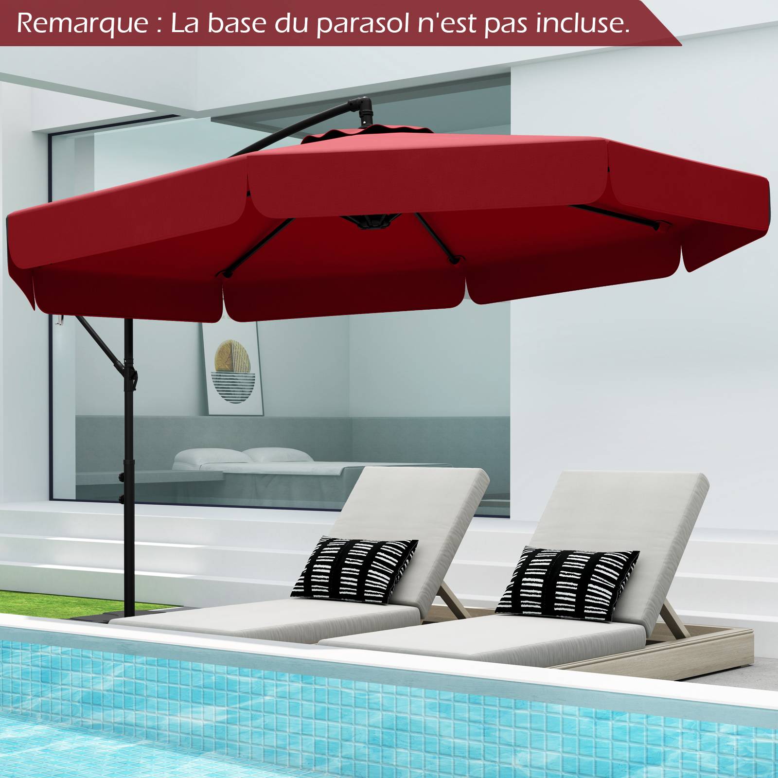 Costway - Parasol Déporté de 305 cm avec Housse, avec Réglage de l'Inclinaison, Manivelle, Bord Froncé, 8 Baleines, pour Jardin, Terrasse Rouge - Image 9