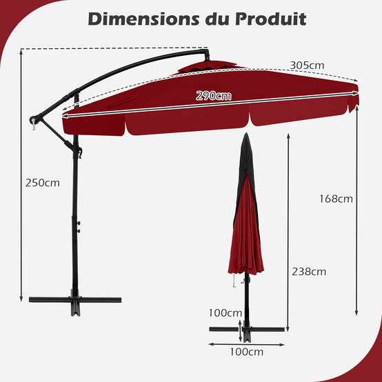 Costway - Parasol Déporté de 305 cm avec Housse, avec Réglage de l'Inclinaison, Manivelle, Bord Froncé, 8 Baleines, pour Jardin, Terrasse Rouge - Image 2