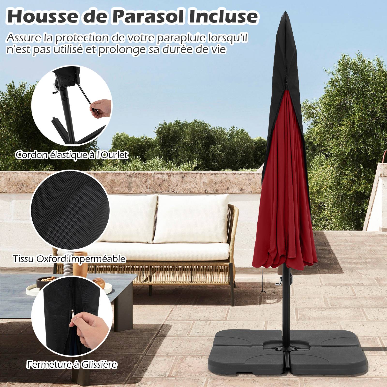 Costway - Parasol Déporté de 305 cm avec Housse, avec Réglage de l'Inclinaison, Manivelle, Bord Froncé, 8 Baleines, pour Jardin, Terrasse Rouge - Image 7