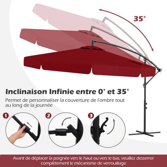 Costway - Parasol Déporté de 305 cm avec Housse, avec Réglage de l'Inclinaison, Manivelle, Bord Froncé, 8 Baleines, pour Jardin, Terrasse Rouge - Image 5
