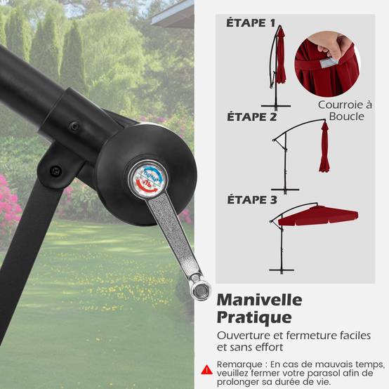 Costway - Parasol Déporté de 305 cm avec Housse, avec Réglage de l'Inclinaison, Manivelle, Bord Froncé, 8 Baleines, pour Jardin, Terrasse Rouge - Image 6