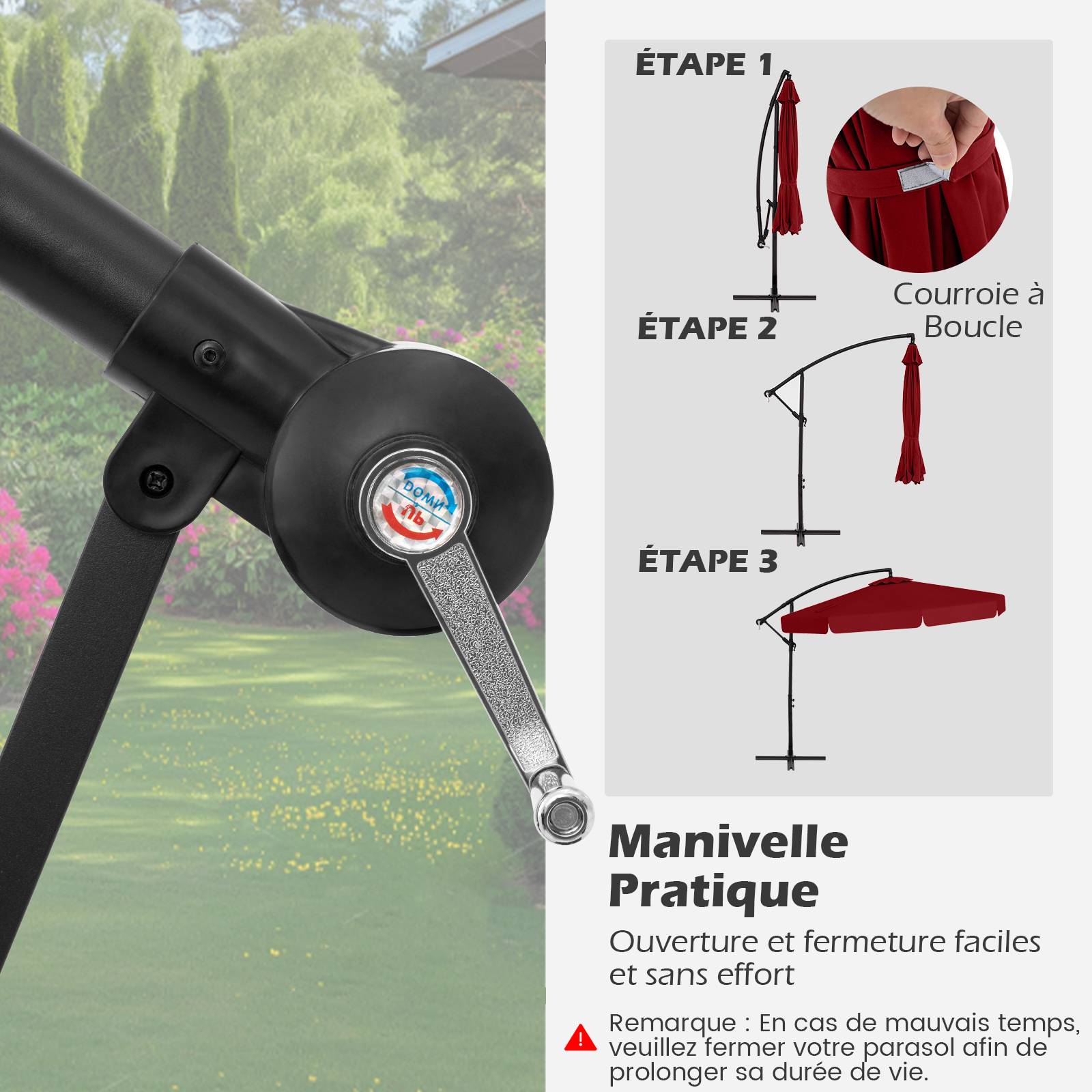 Costway - Parasol Déporté de 305 cm avec Housse, avec Réglage de l'Inclinaison, Manivelle, Bord Froncé, 8 Baleines, pour Jardin, Terrasse Rouge - Image 6