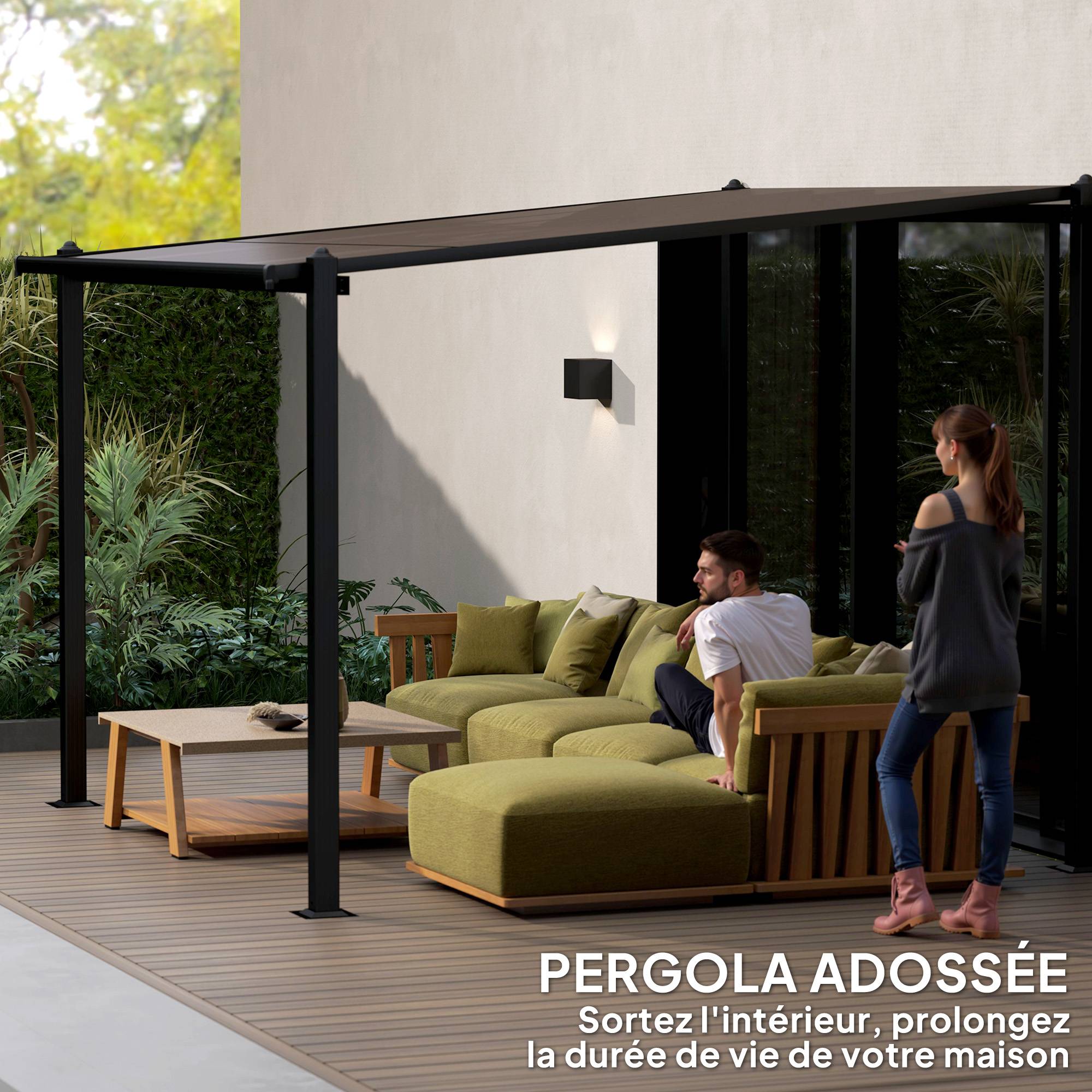 Pergola adossée aluminium pour terrasse toit polycarbonate étanche gris 3x3m - ComfortXL Outdoor Living - Image 9