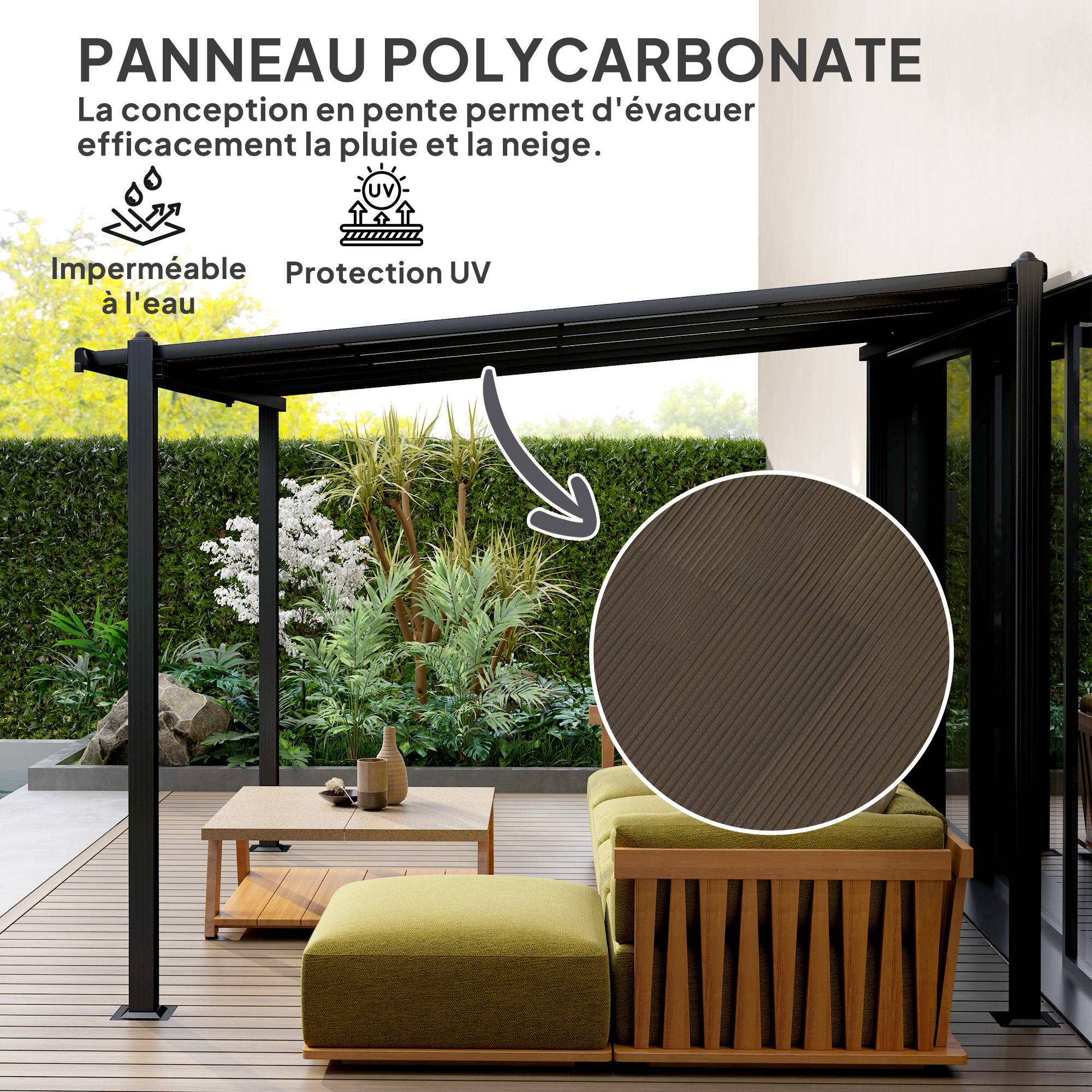 Pergola adossée aluminium pour terrasse toit polycarbonate étanche gris 3x3m - ComfortXL Outdoor Living - Image 6
