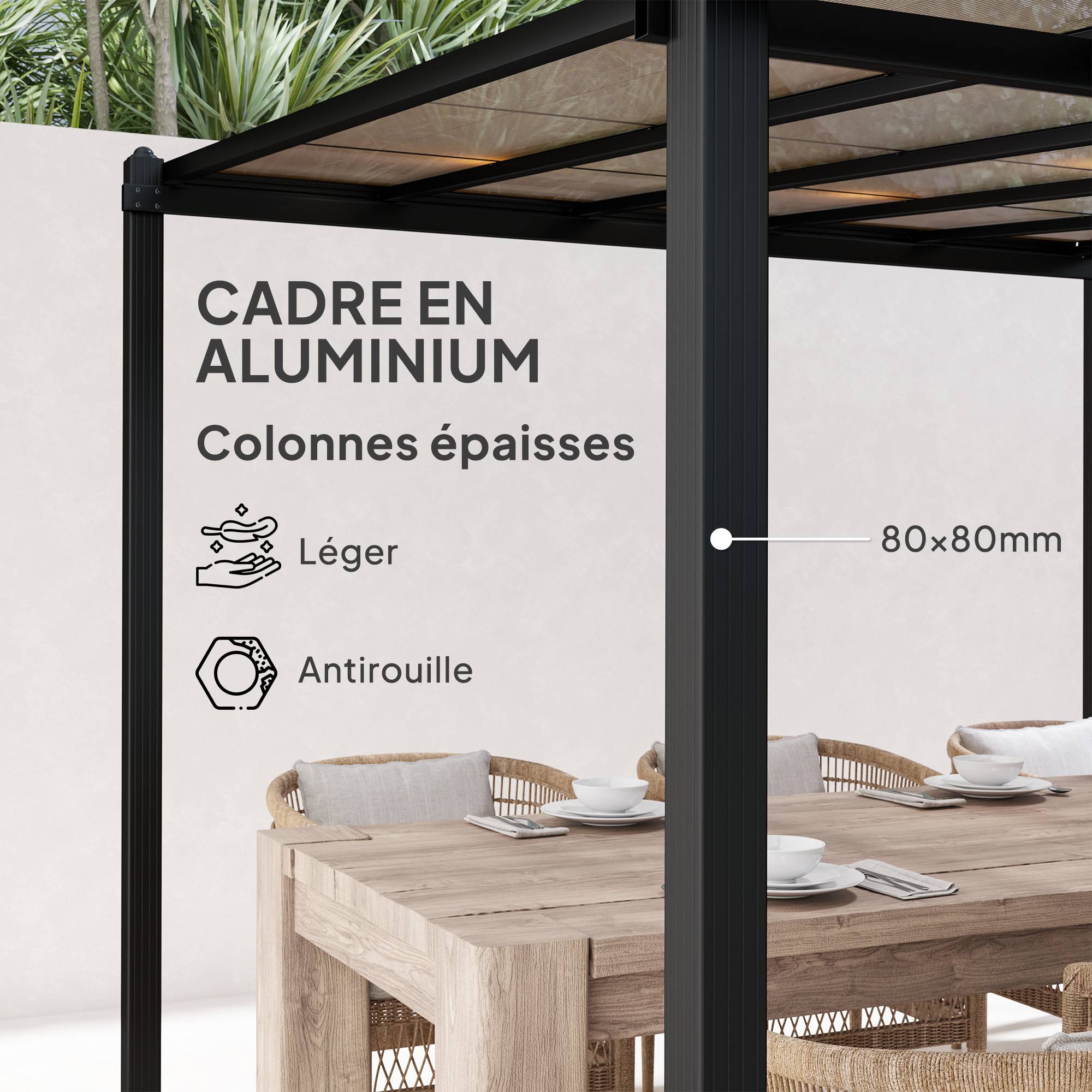 Pergola adossée aluminium pour terrasse toit polycarbonate étanche gris 3x3m - ComfortXL Outdoor Living - Image 8