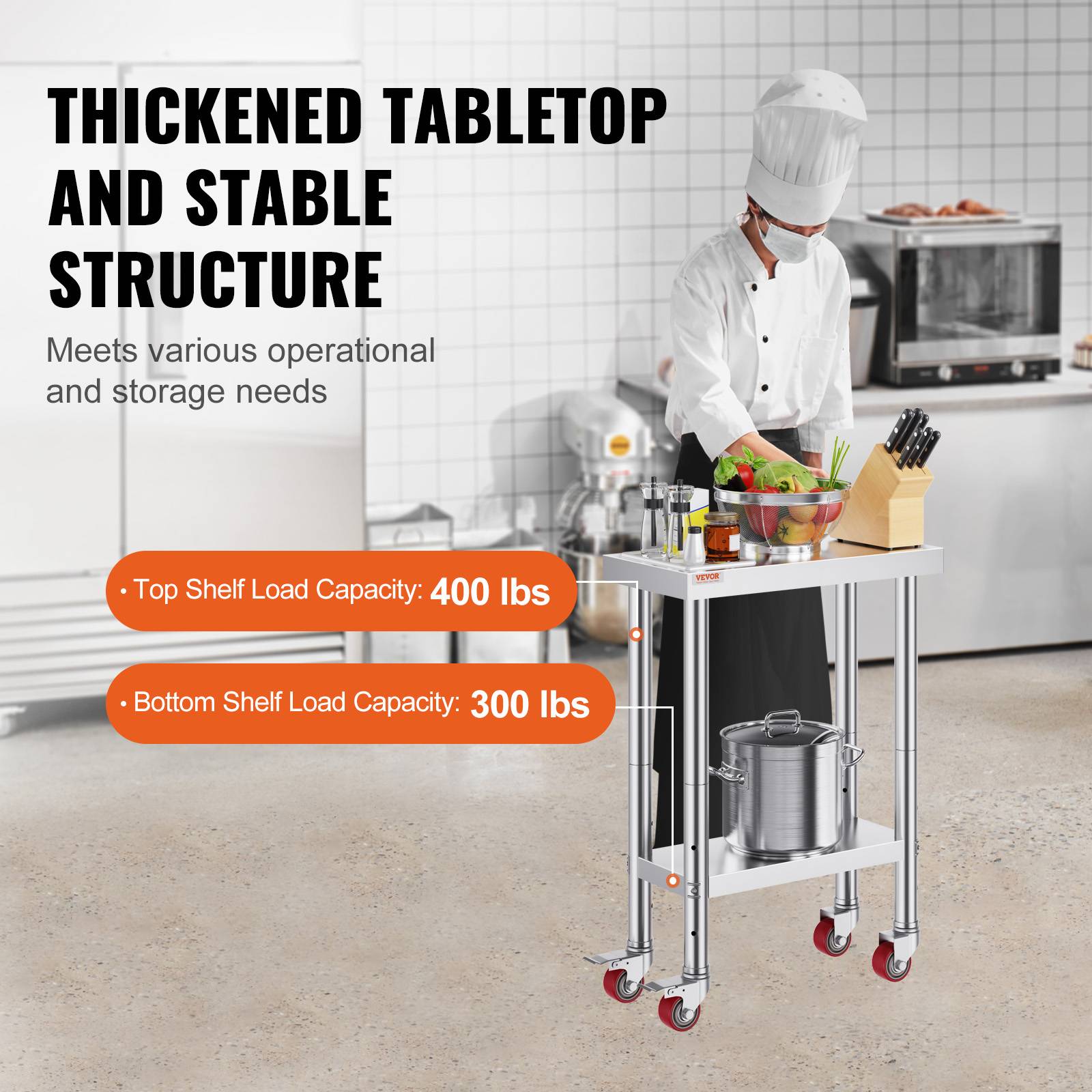 VEVOR Table de Travail Inox Cuisine à Roulette 61x31x85 cm pour Préparation de Cuisine - Image 3