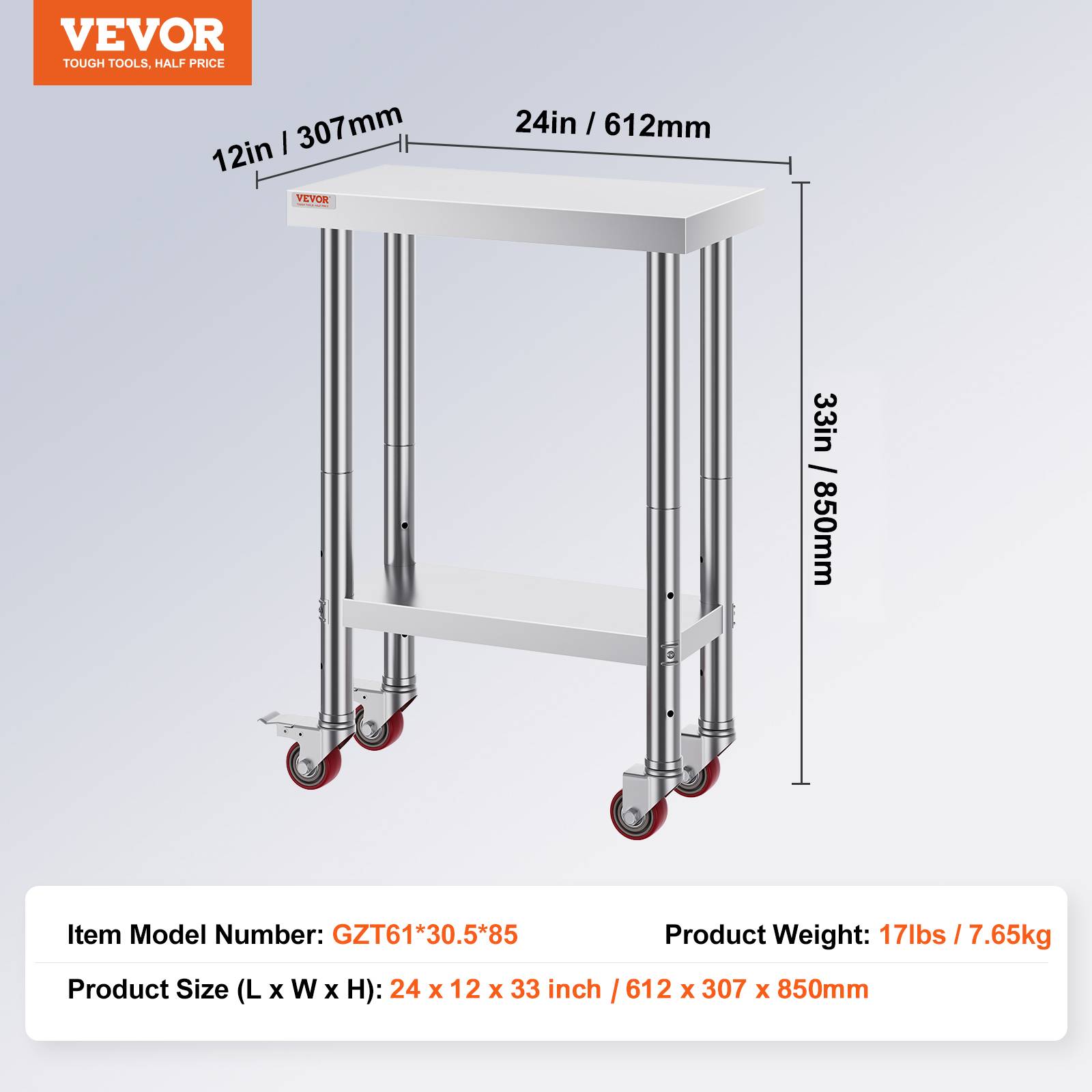 VEVOR Table de Travail Inox Cuisine à Roulette 61x31x85 cm pour Préparation de Cuisine - Image 7