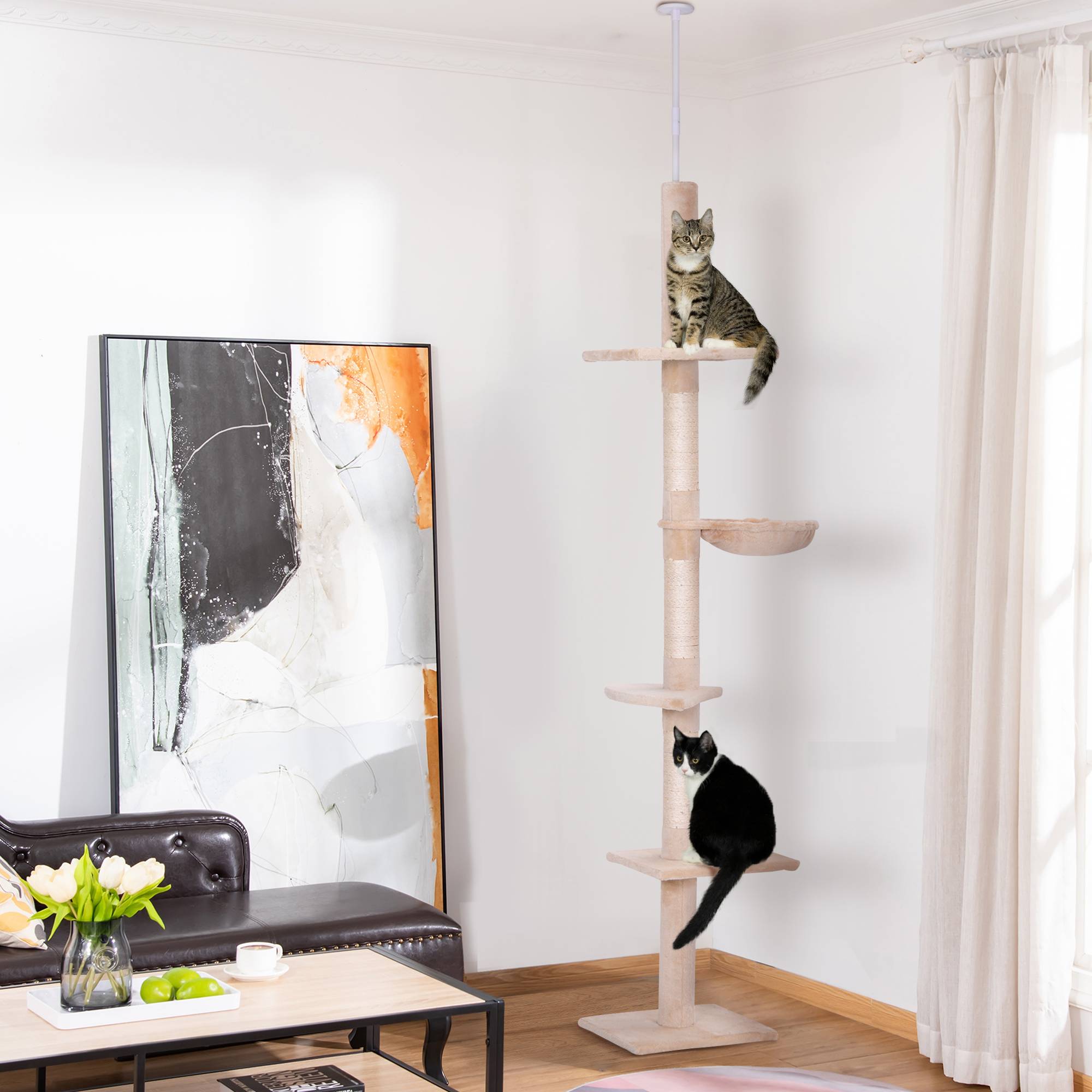 Arbre à chat PawHut jusqu'au plafond, 230-260 cm, poteaux sisal et plateformes, beige - Image 3