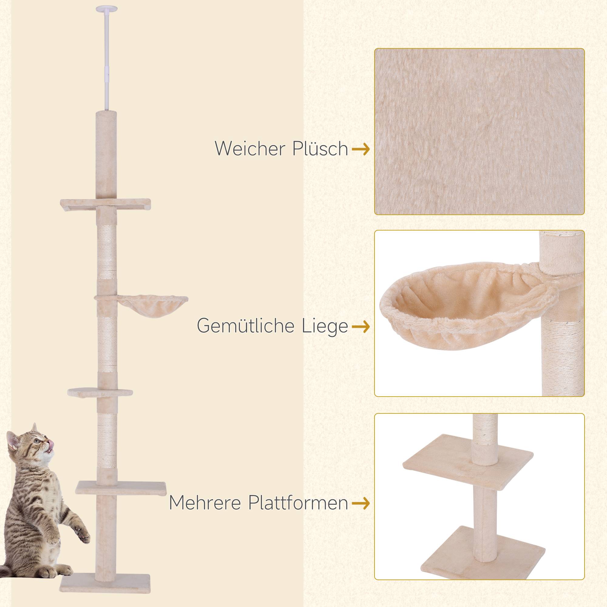 Arbre à chat PawHut jusqu'au plafond, 230-260 cm, poteaux sisal et plateformes, beige - Image 8
