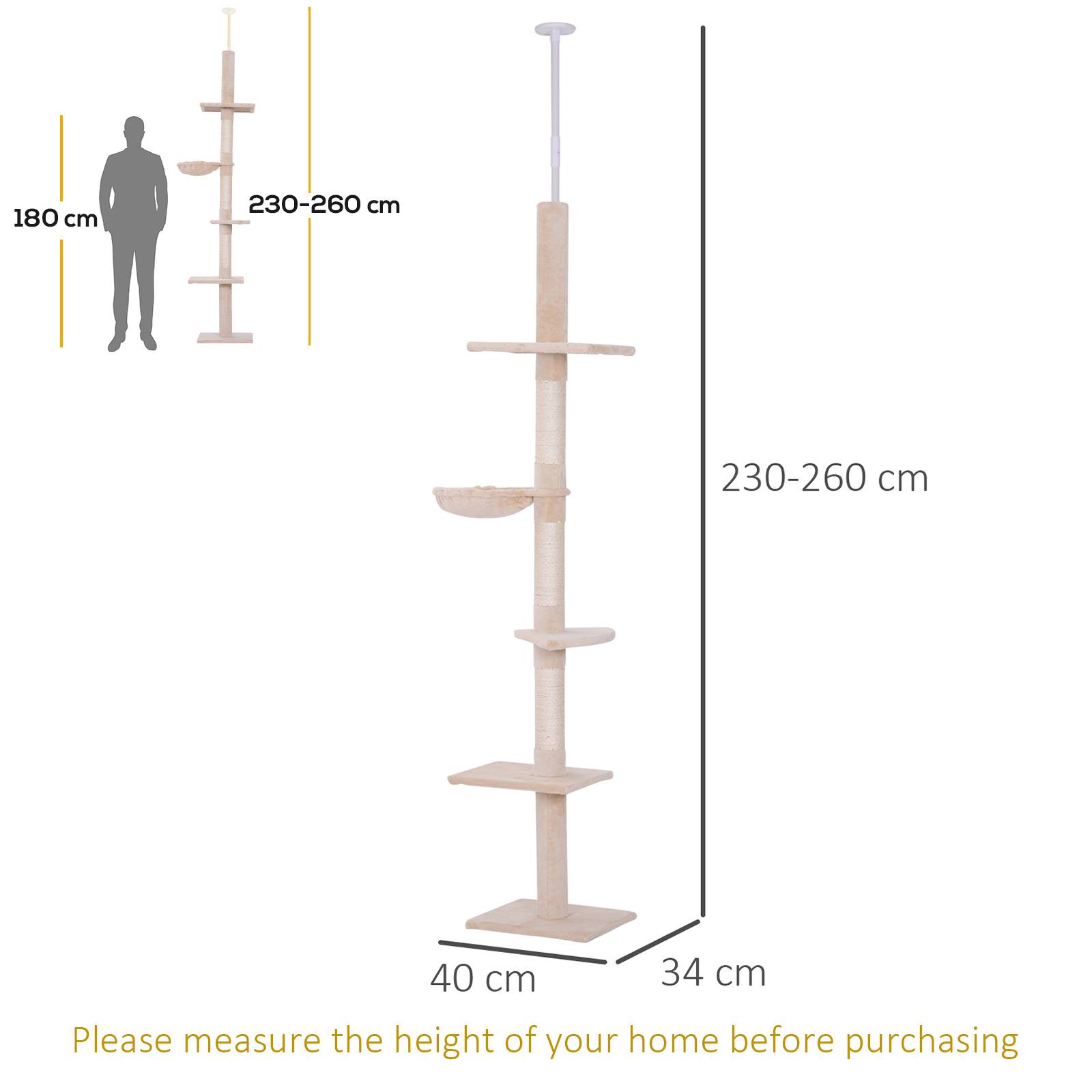 Arbre à chat PawHut jusqu'au plafond, 230-260 cm, poteaux sisal et plateformes, beige - Image 5