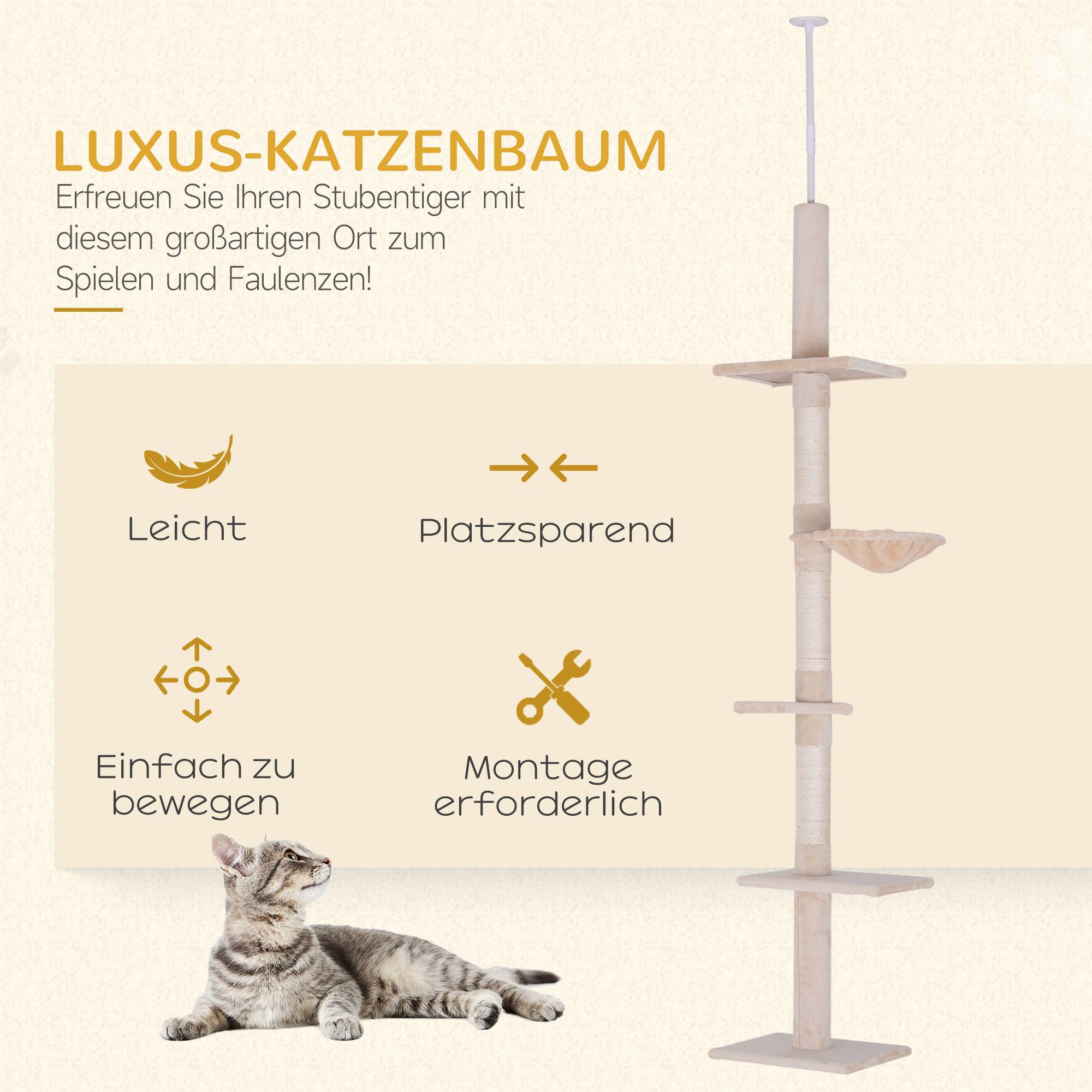 Arbre à chat PawHut jusqu'au plafond, 230-260 cm, poteaux sisal et plateformes, beige - Image 6