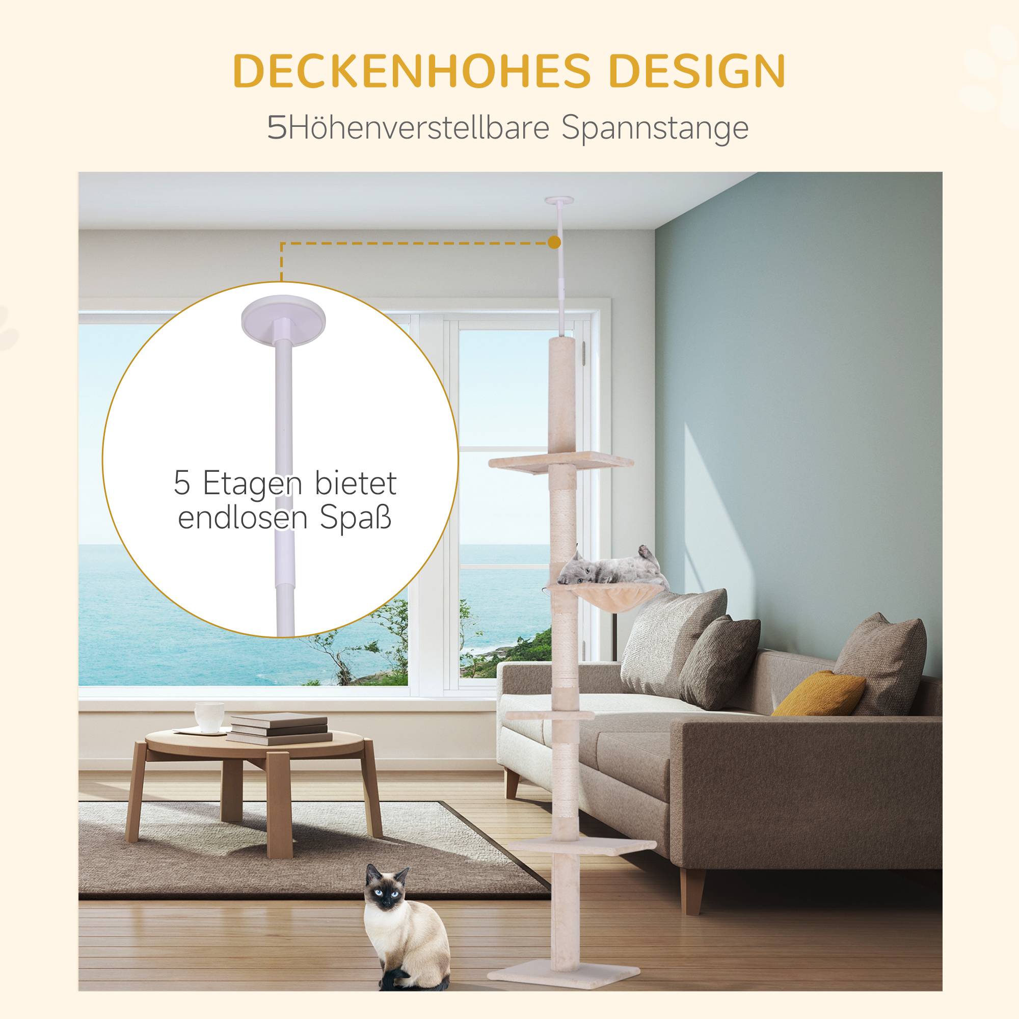 Arbre à chat PawHut jusqu'au plafond, 230-260 cm, poteaux sisal et plateformes, beige - Image 7
