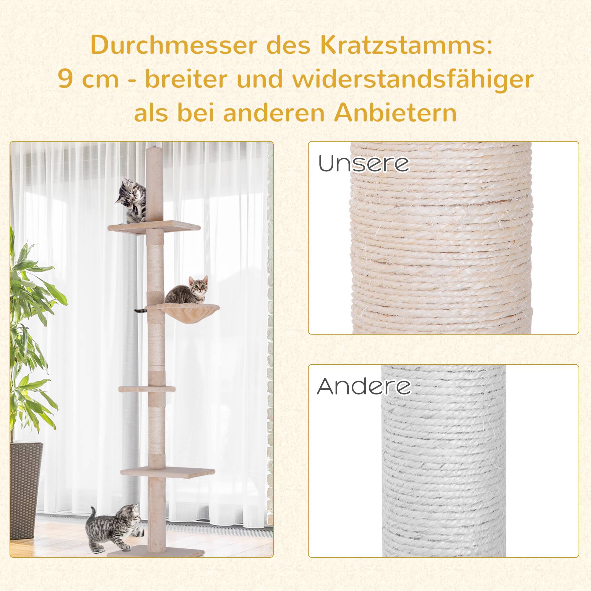 Arbre à chat PawHut jusqu'au plafond, 230-260 cm, poteaux sisal et plateformes, beige - Image 10
