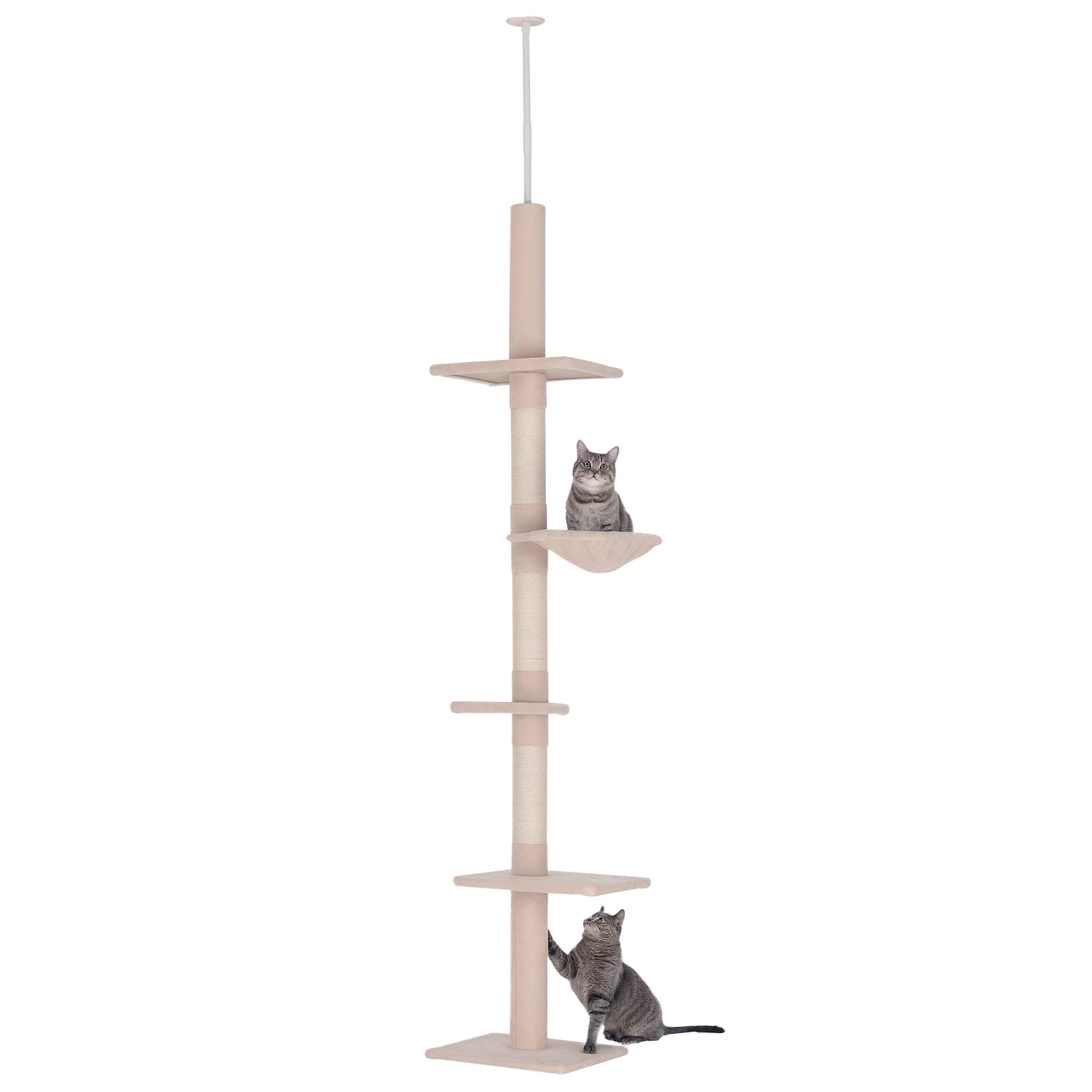 Arbre à chat PawHut jusqu'au plafond, 230-260 cm, poteaux sisal et plateformes, beige