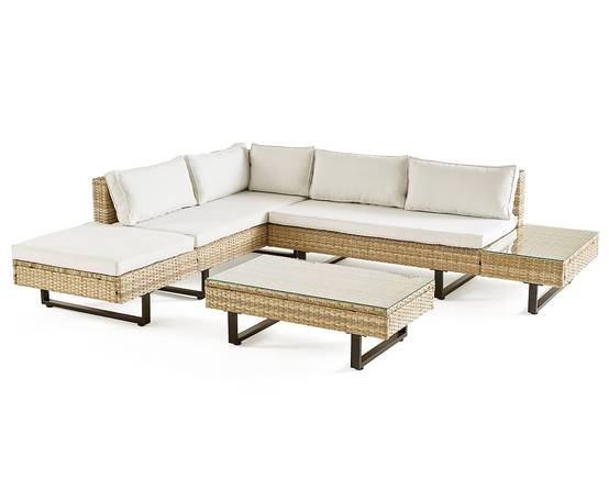 Sashi – salon de jardin d'angle en résine beige et grise – 5 places - coussins gris clair et table incluse - Best Mobilier - Image 3