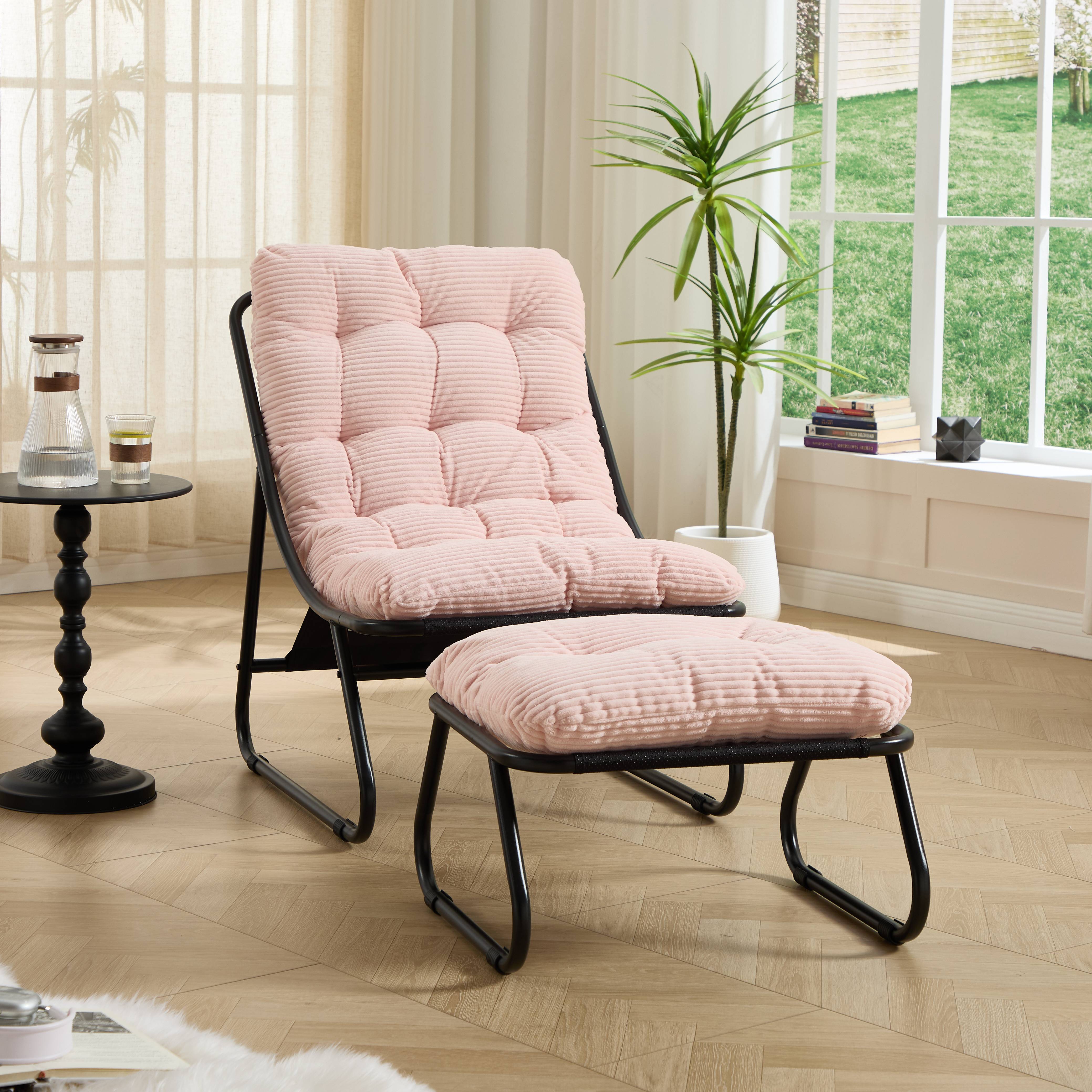 Fauteuil de terrasse inclinable avec ottoman cadre noir coussin rose moelleux pour salon chambre et salle de lecture - Image 7