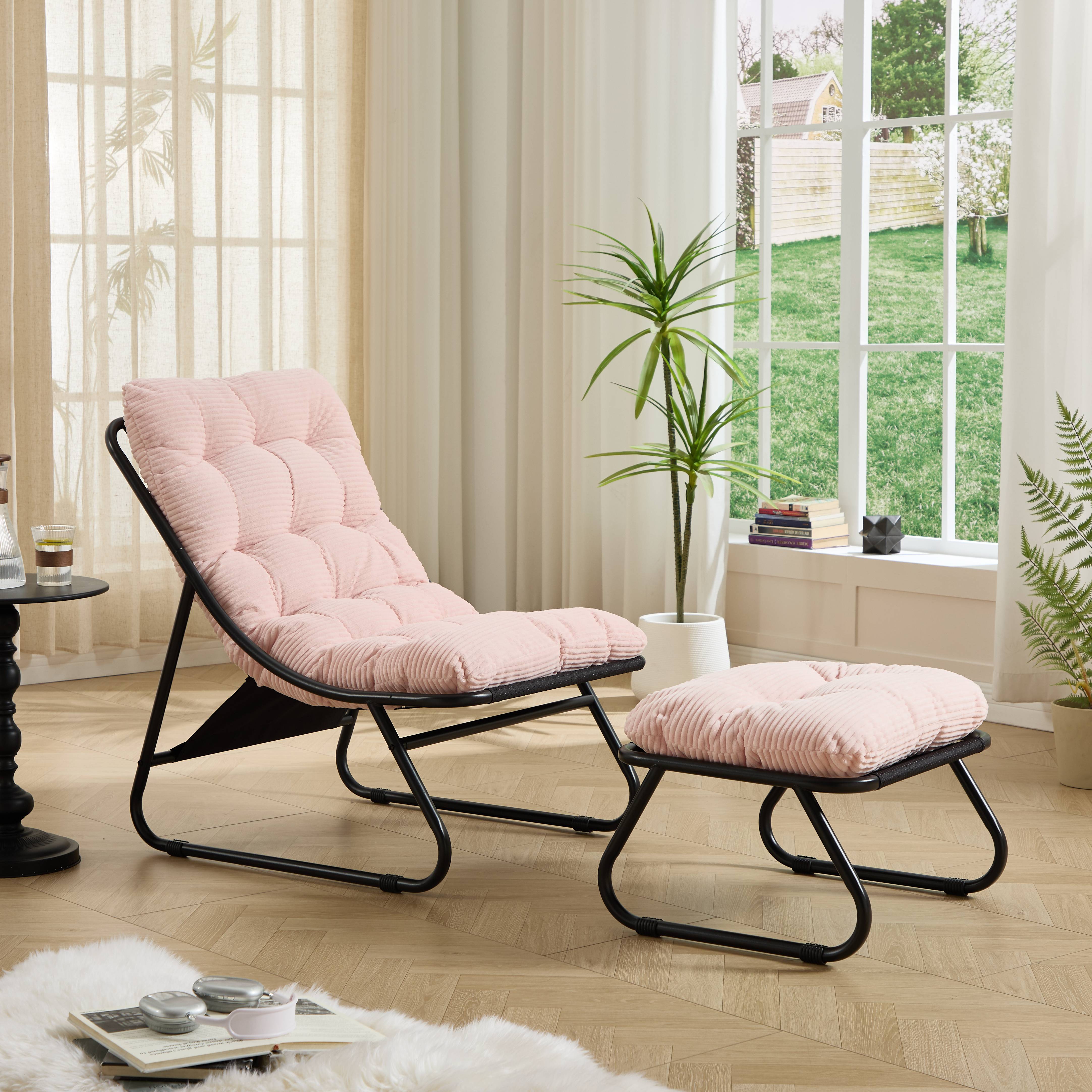 Fauteuil de terrasse inclinable avec ottoman cadre noir coussin rose moelleux pour salon chambre et salle de lecture - Image 6