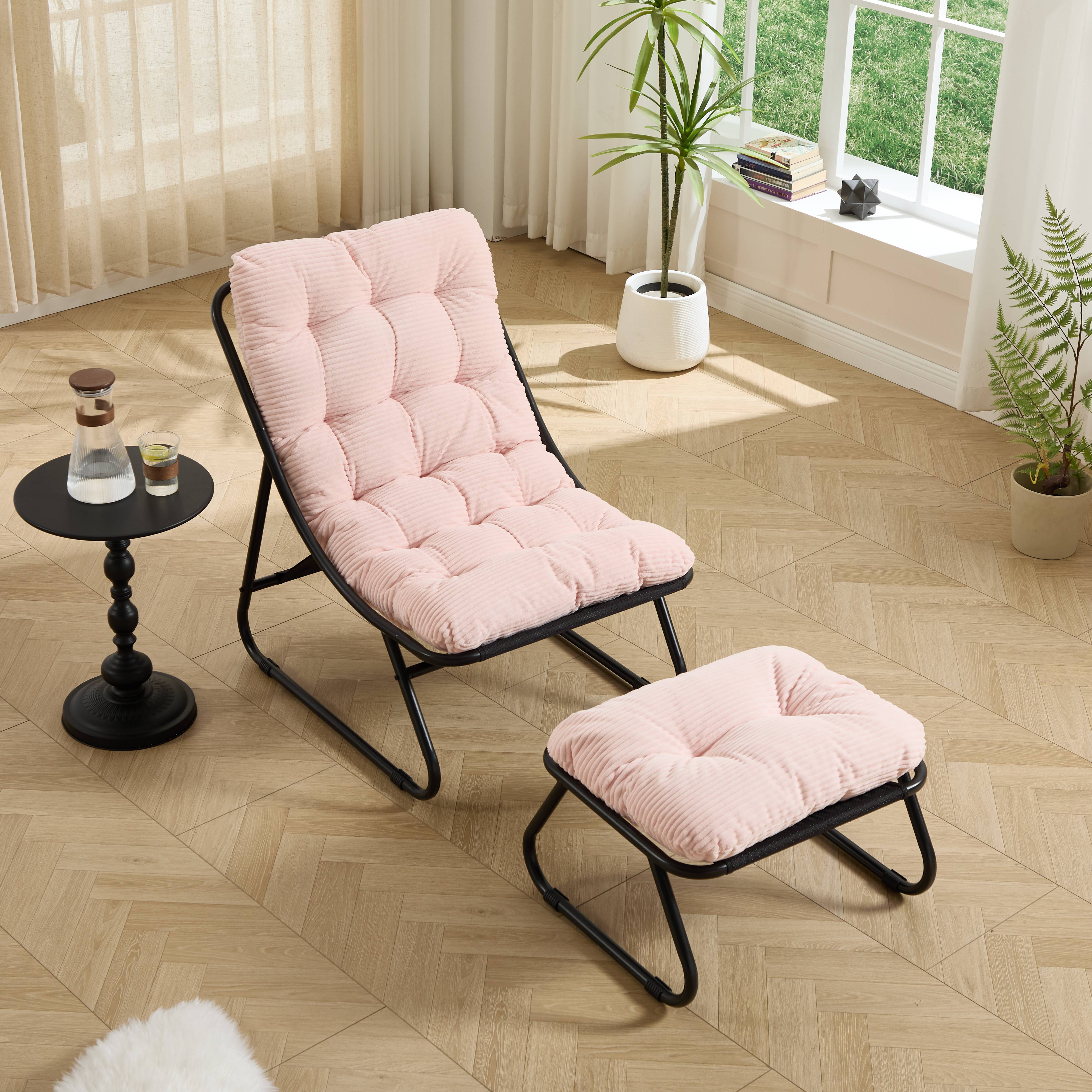 Fauteuil de terrasse inclinable avec ottoman cadre noir coussin rose moelleux pour salon chambre et salle de lecture - Image 2